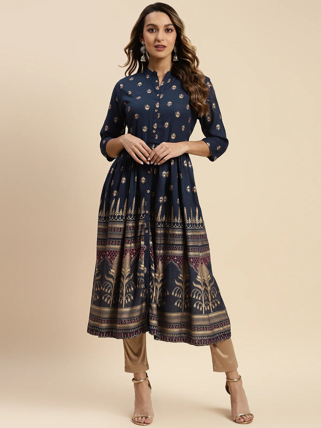 Buy Rayon Gold Printed Calf Length Kurta Gathered At Waist-Navy Blue