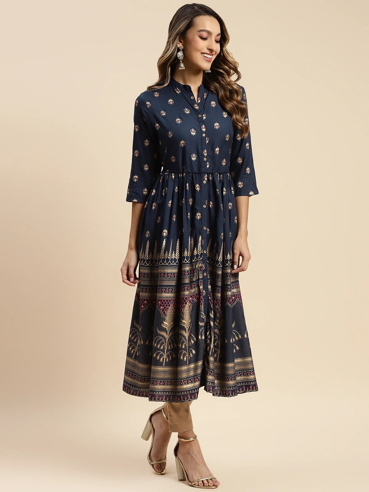 Buy Rayon Gold Printed Calf Length Kurta Gathered At Waist-Navy Blue