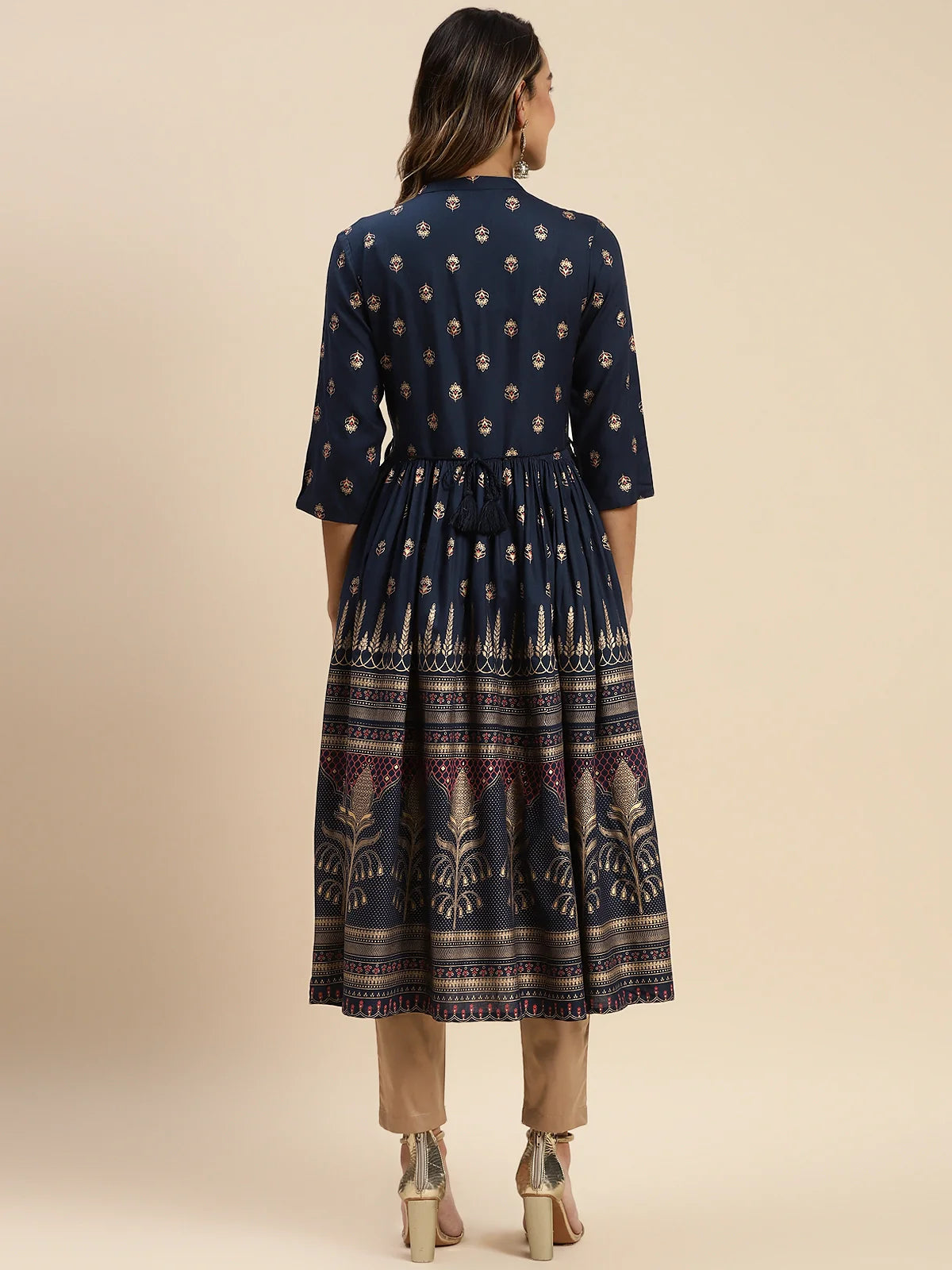 Buy Rayon Gold Printed Calf Length Kurta Gathered At Waist-Navy Blue