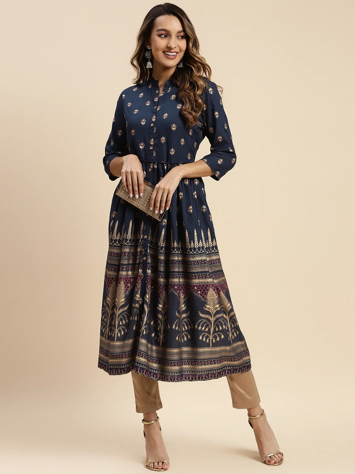 Buy Rayon Gold Printed Calf Length Kurta Gathered At Waist-Navy Blue