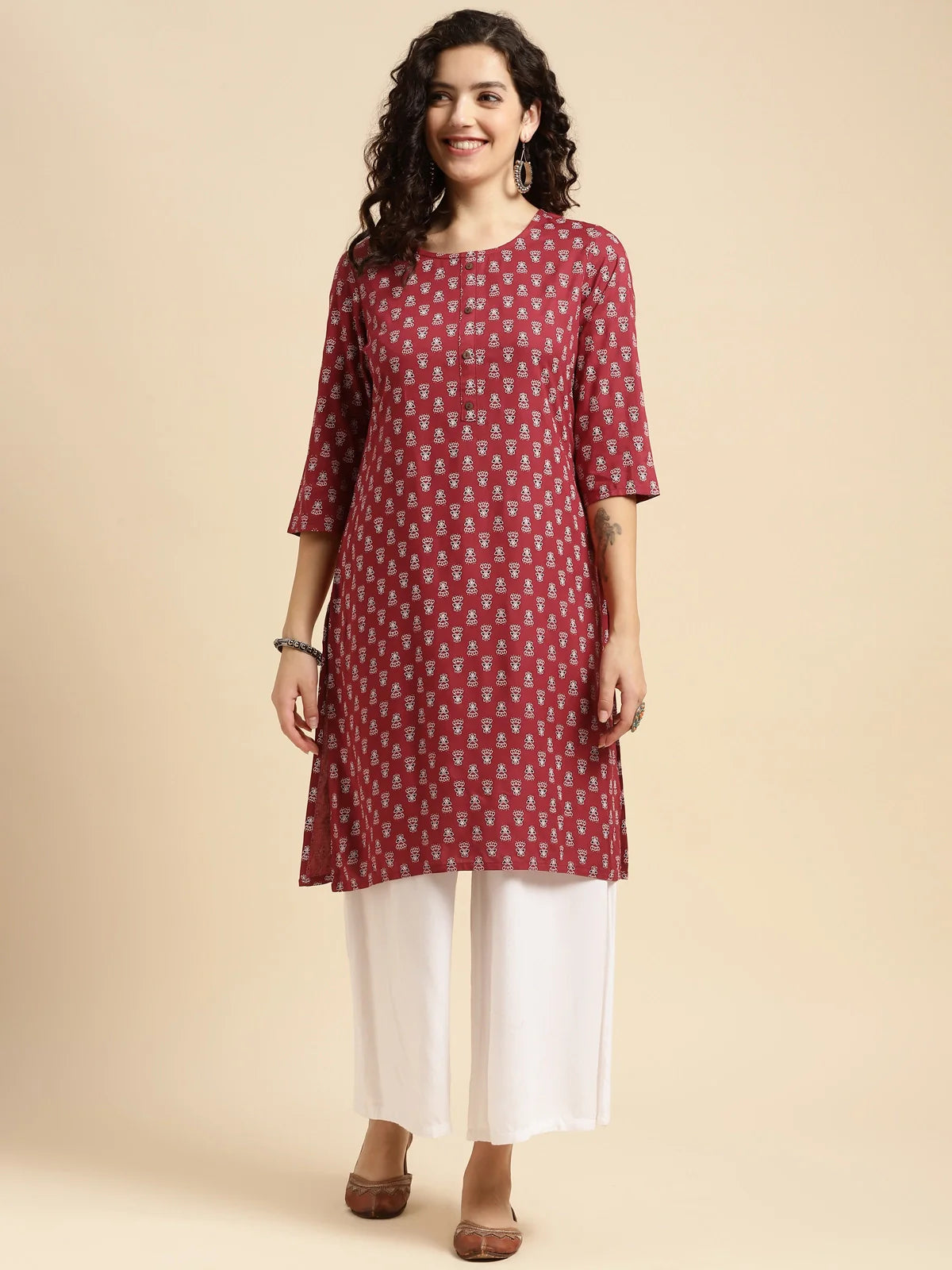 Buy Rayon Printed Knee Length Straight Kurta-Red