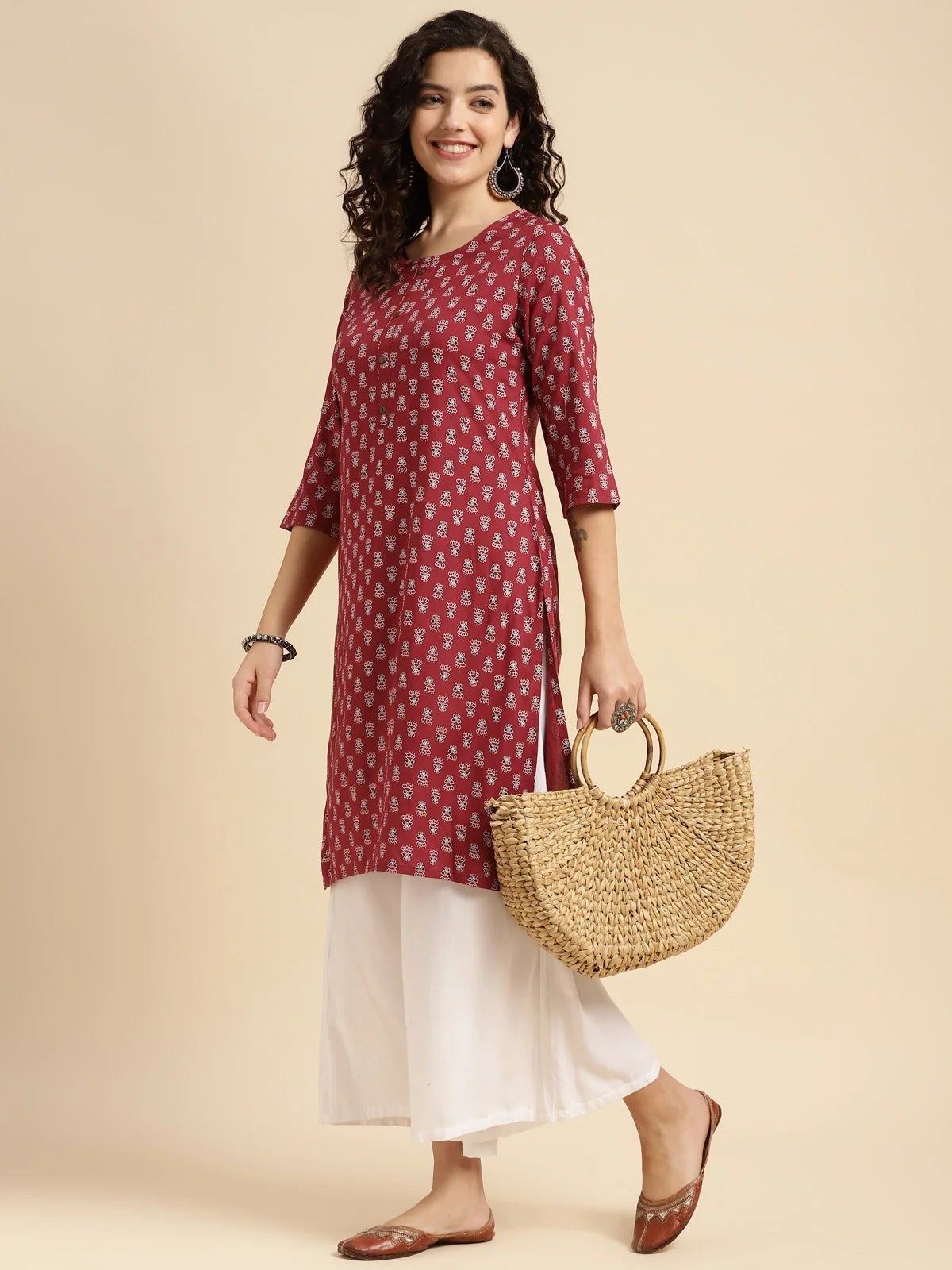 Buy Rayon Printed Knee Length Straight Kurta-Red