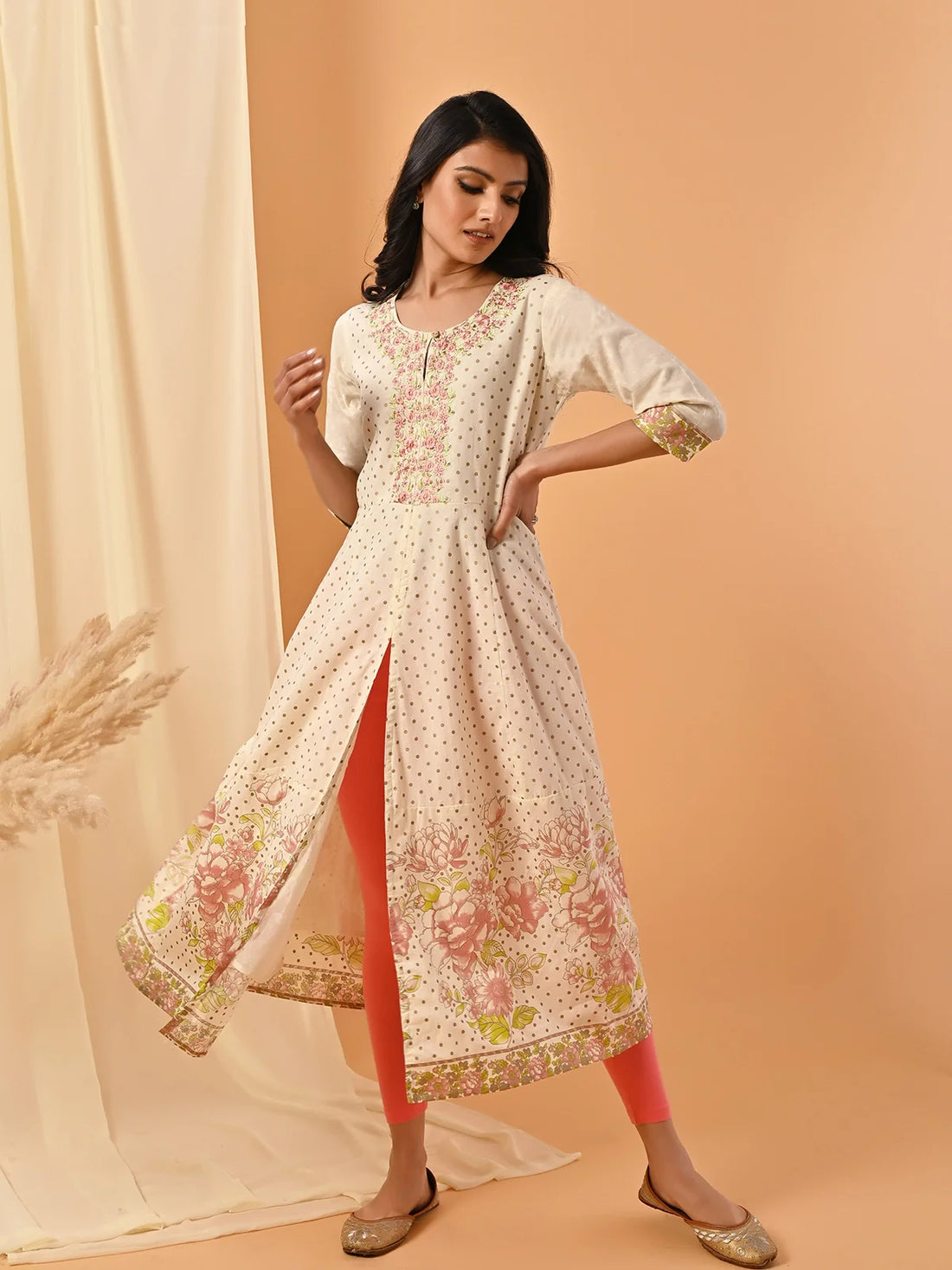 Buy 100% Cotton Yoke Embroidered Calf Length Partywear Kurta With Front Slit-Cream