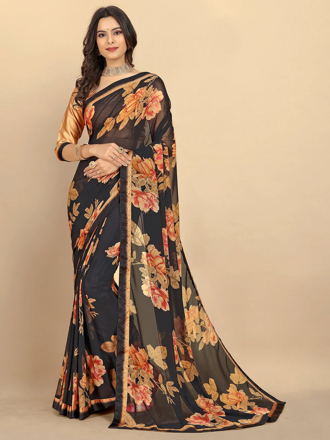 Buy Floral Printed Georgette Saree With Blouse Piece-Black