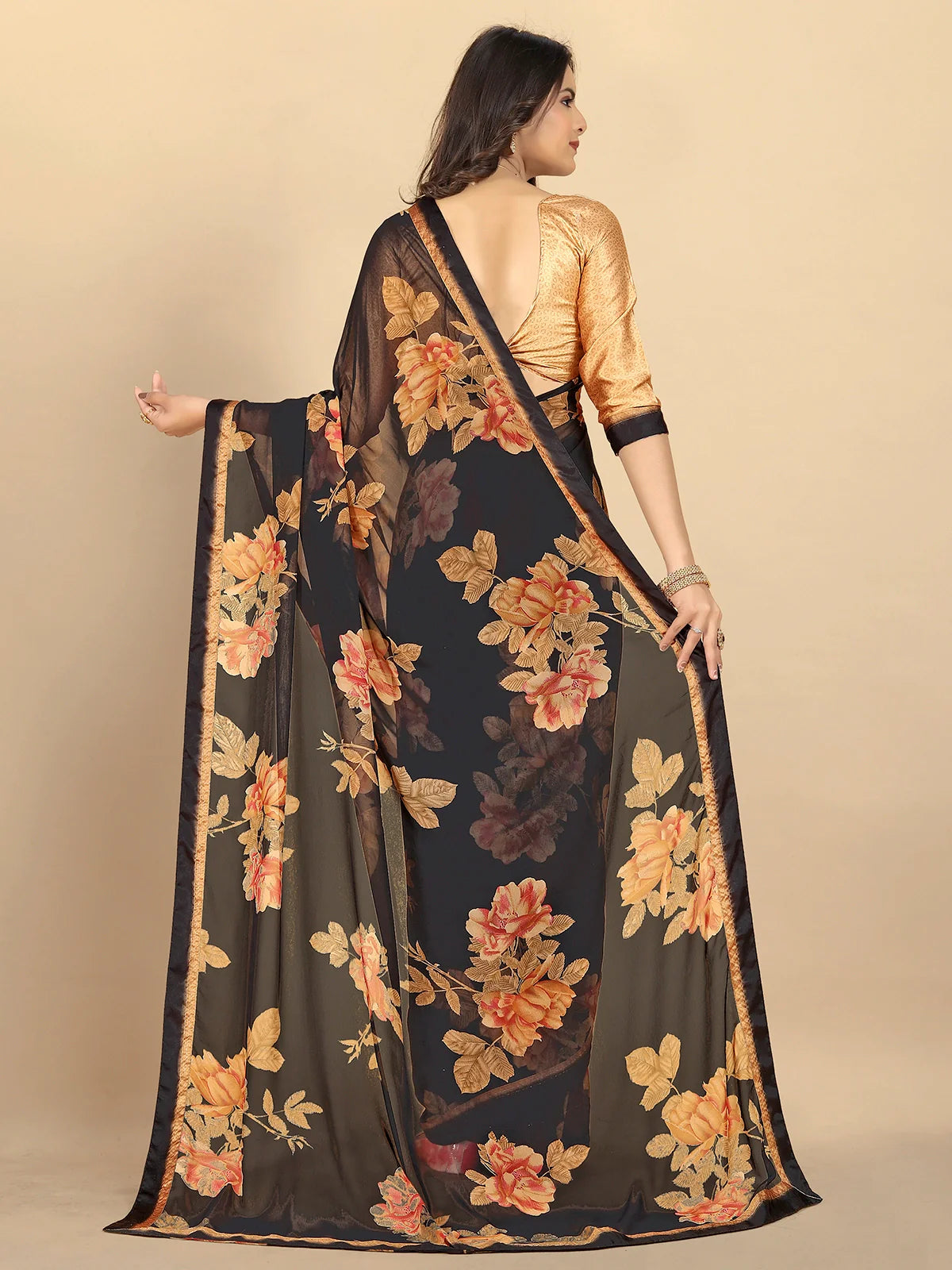 Buy Floral Printed Georgette Saree With Blouse Piece-Black