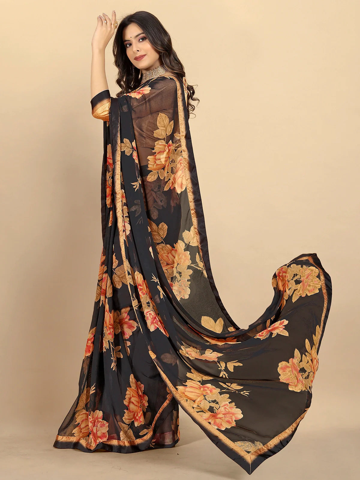 Buy Floral Printed Georgette Saree With Blouse Piece-Black