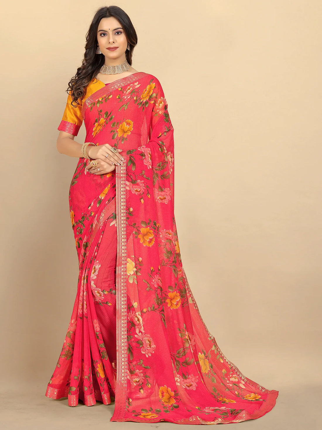 Buy Floral Printed Georgette Saree With Blouse Piece-Coral