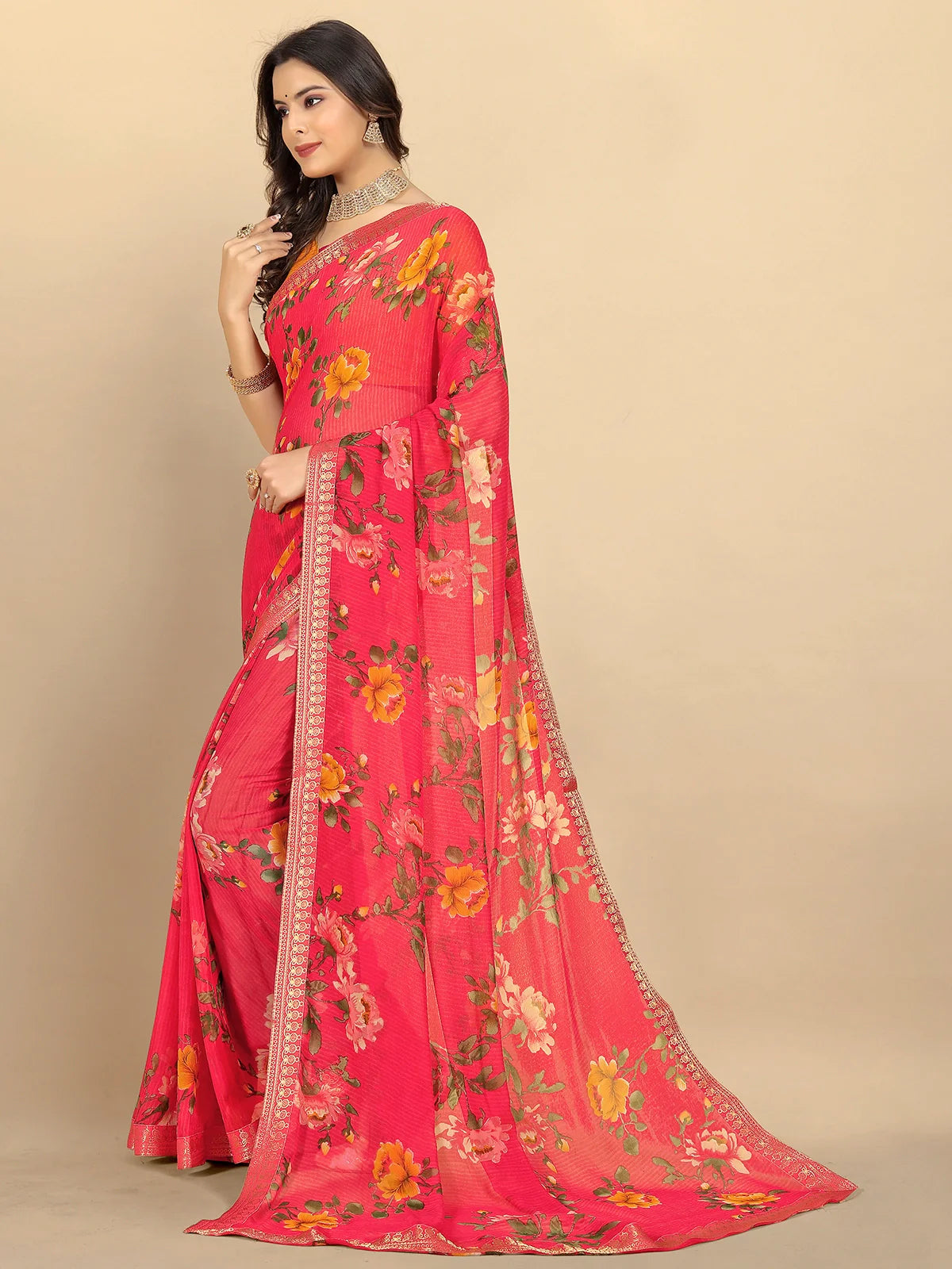 Buy Floral Printed Georgette Saree With Blouse Piece-Coral