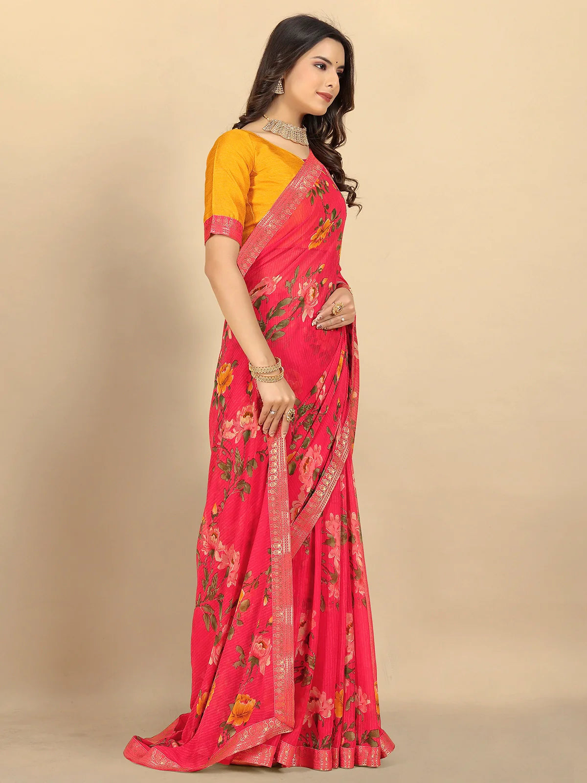 Buy Floral Printed Georgette Saree With Blouse Piece-Coral