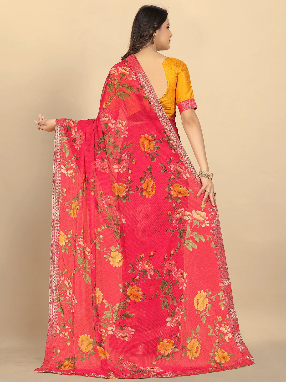 Buy Floral Printed Georgette Saree With Blouse Piece-Coral