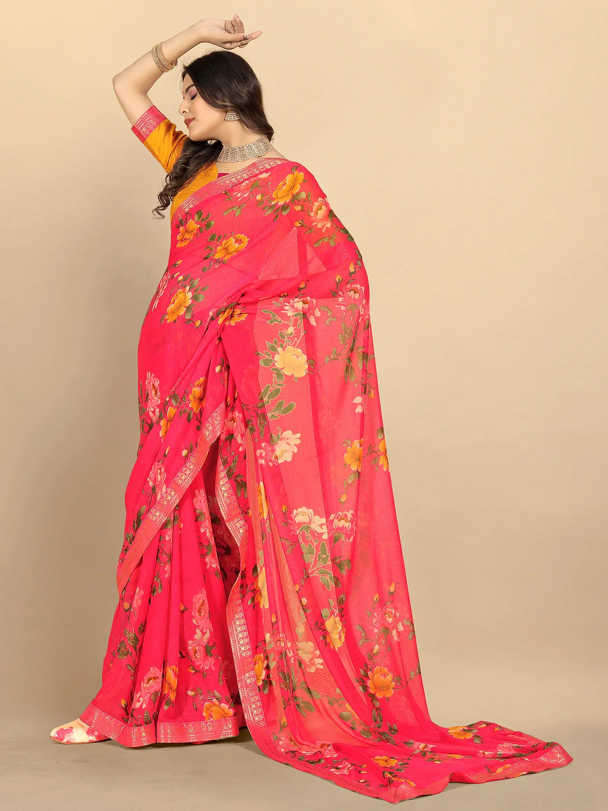 Buy Floral Printed Georgette Saree With Blouse Piece-Coral