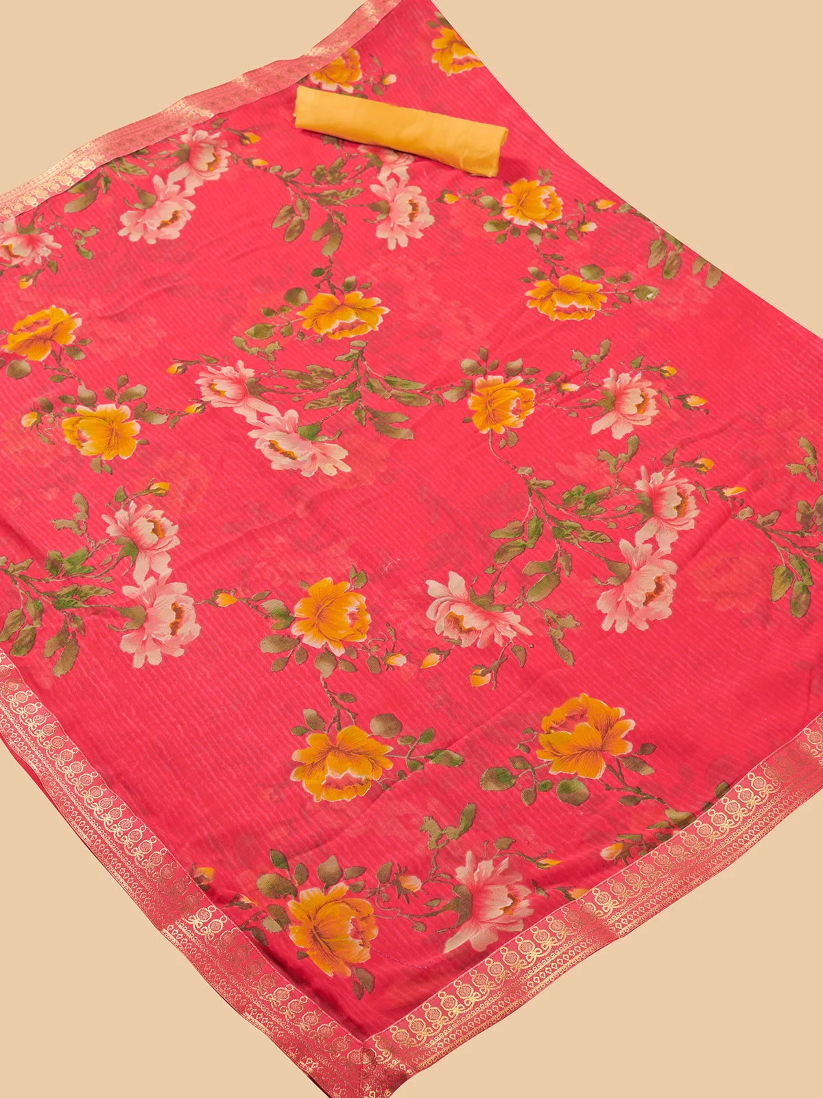 Buy Floral Printed Georgette Saree With Blouse Piece-Coral