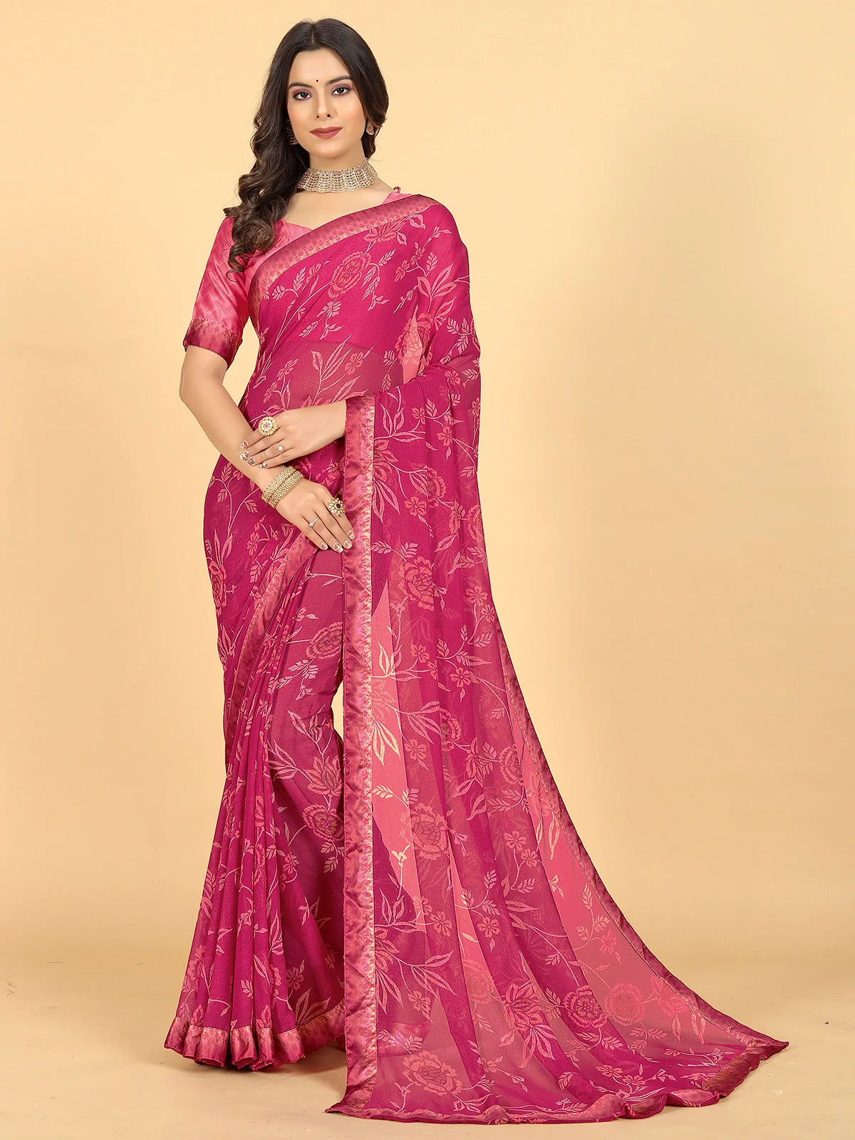 Buy Floral Printed Georgette Saree With Blouse Piece-Wine