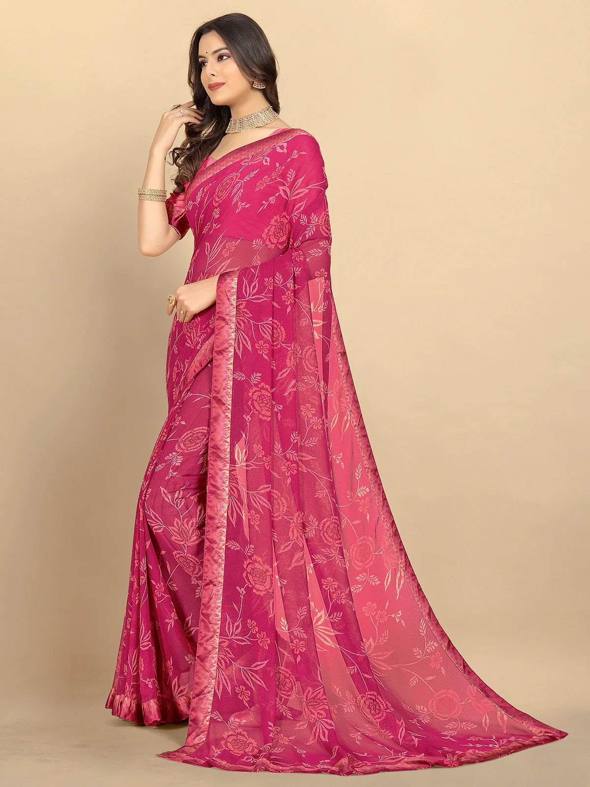 Buy Floral Printed Georgette Saree With Blouse Piece-Wine