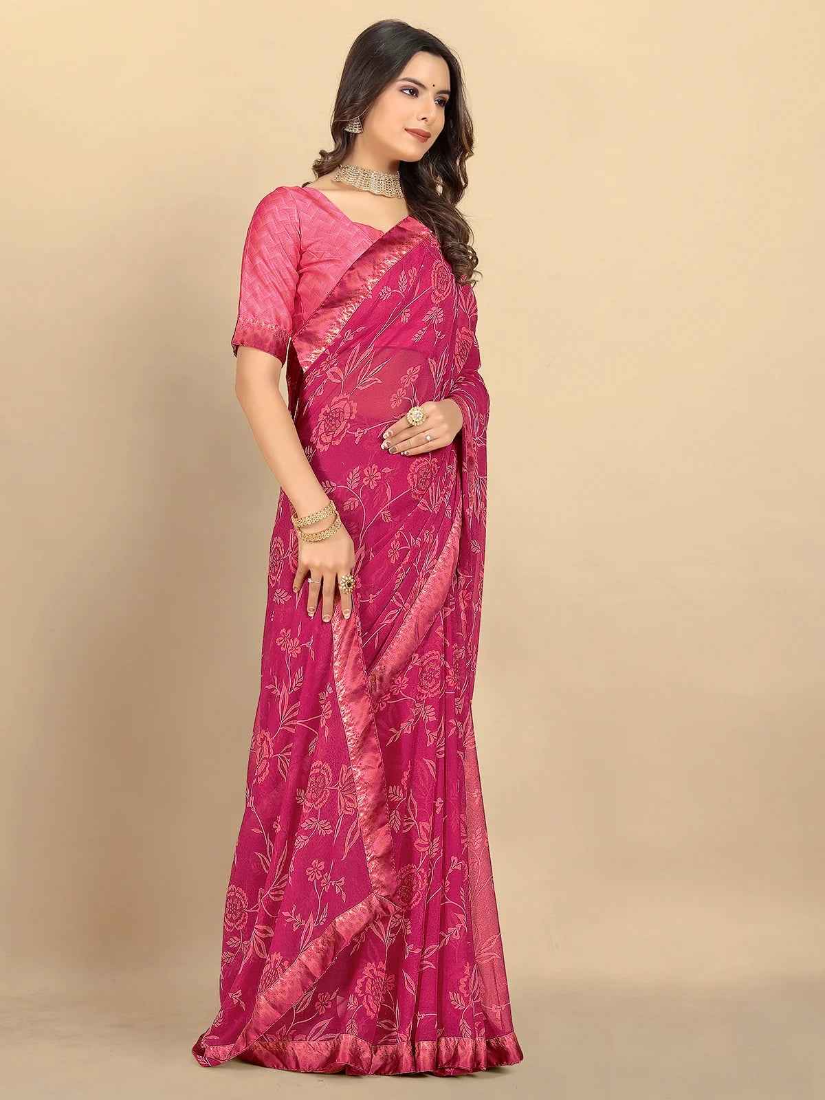 Buy Floral Printed Georgette Saree With Blouse Piece-Wine