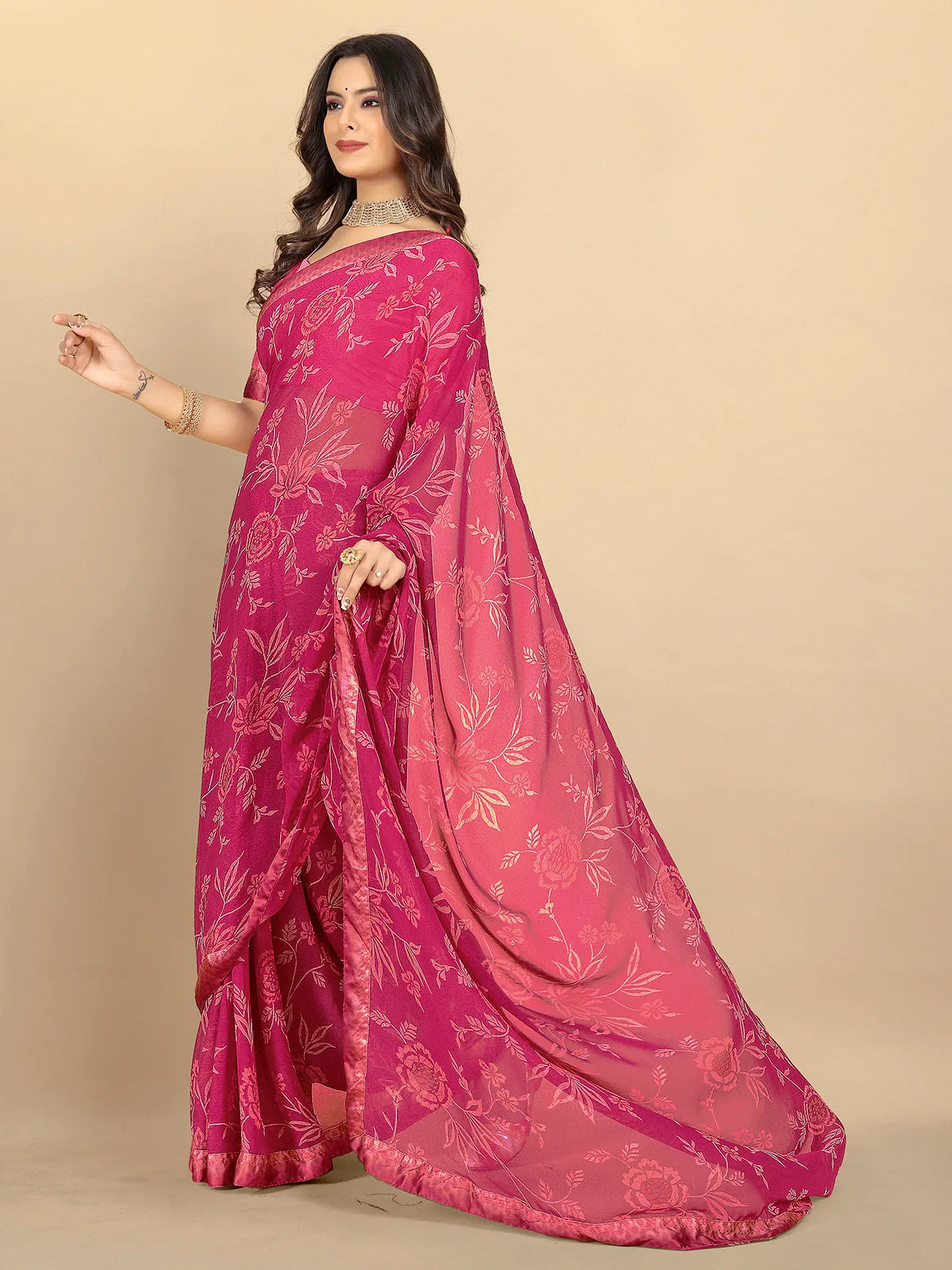 Buy Floral Printed Georgette Saree With Blouse Piece-Wine