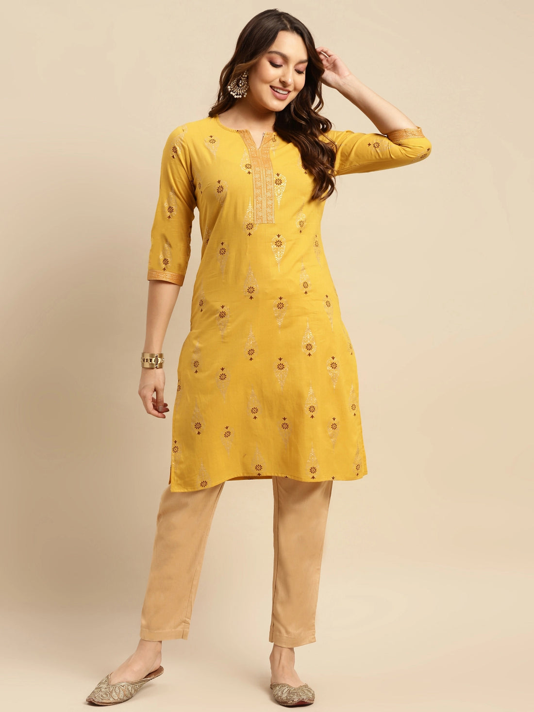 Buy 100% Cotton Gold Printed Knee Length Straight Kurta-Yellow