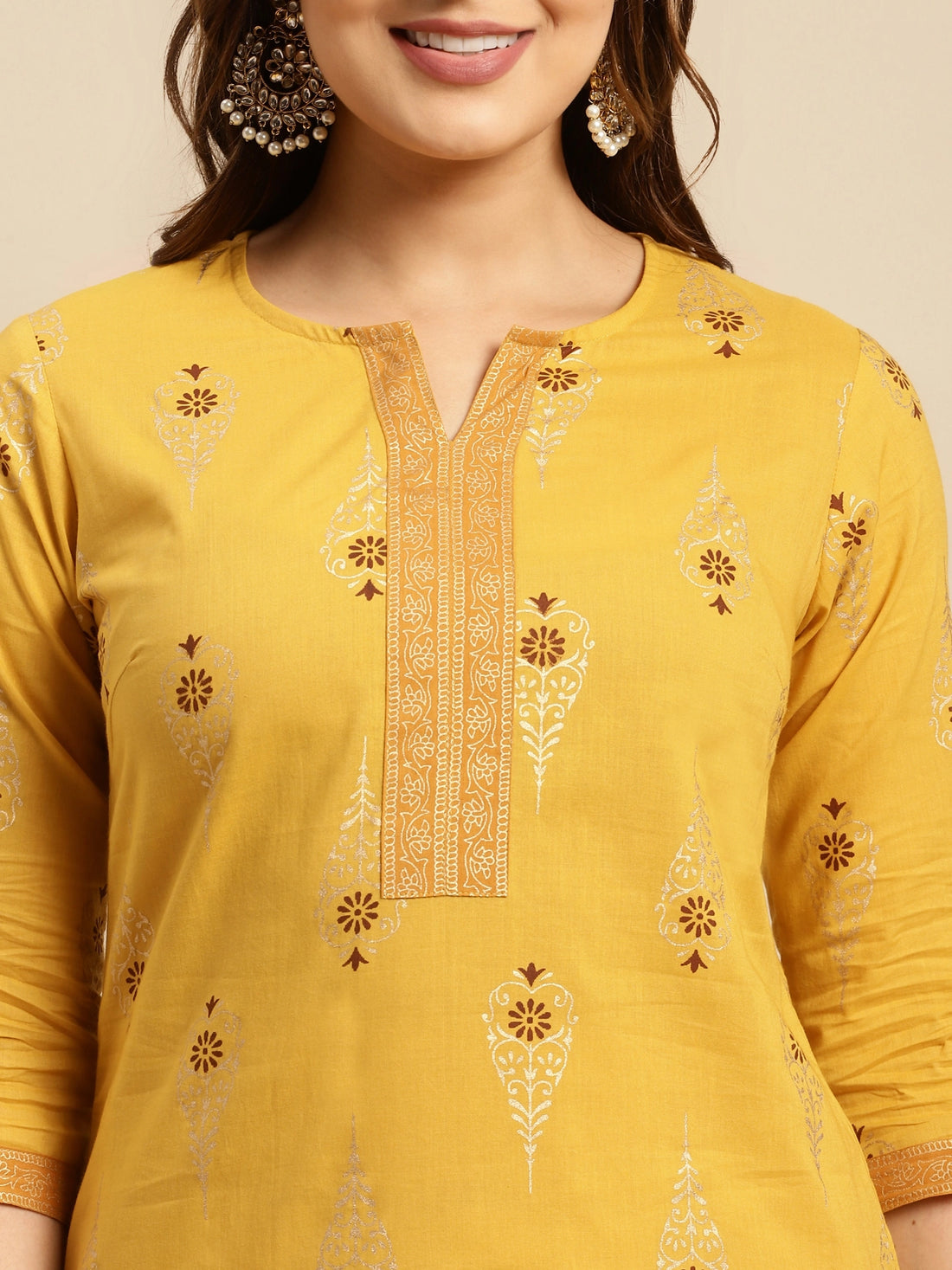 Buy 100% Cotton Gold Printed Knee Length Straight Kurta-Yellow