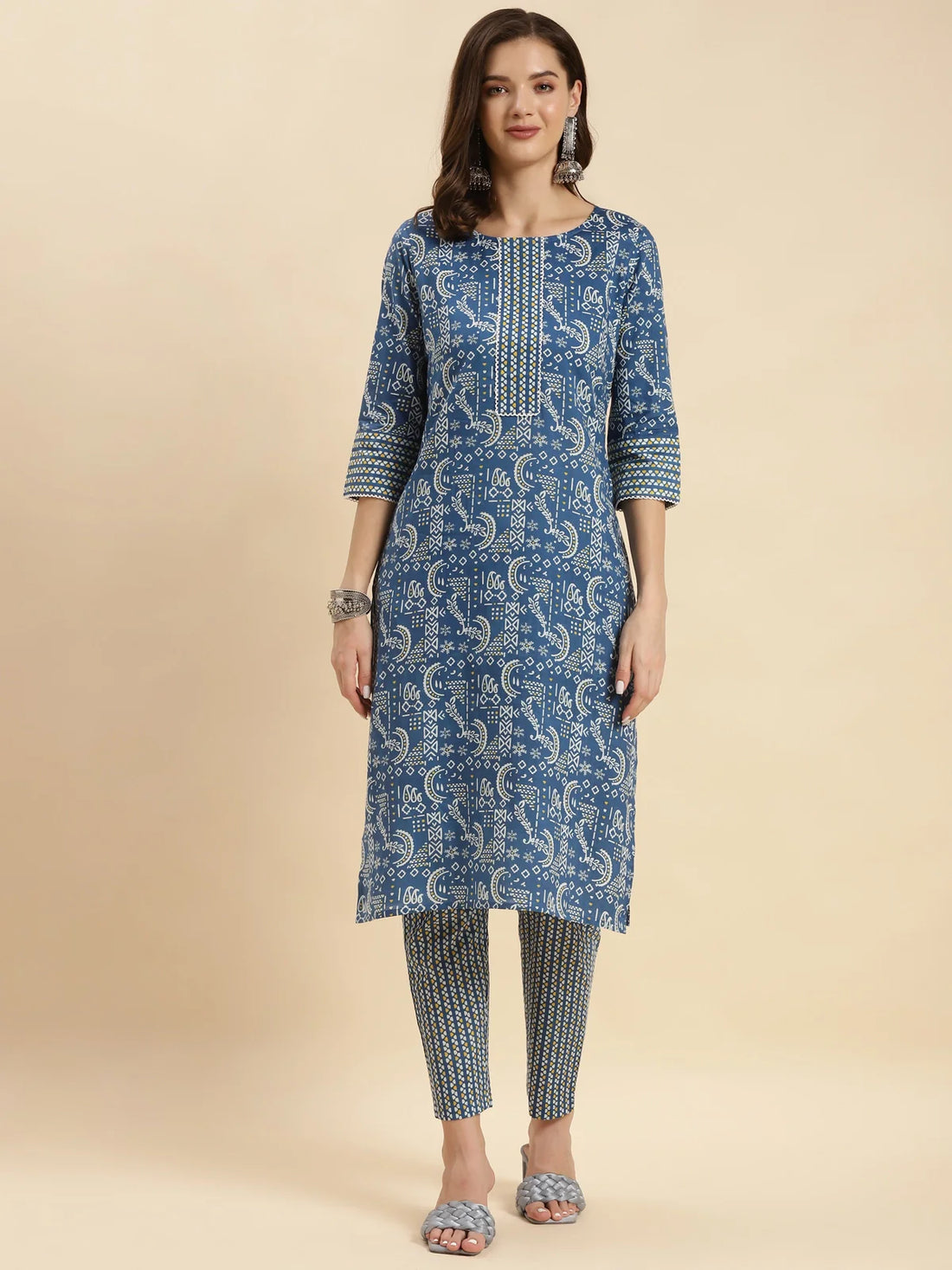 Buy Cotton Calf Length Ethnic Printed Straight Kurta With Pant-Navy Blue