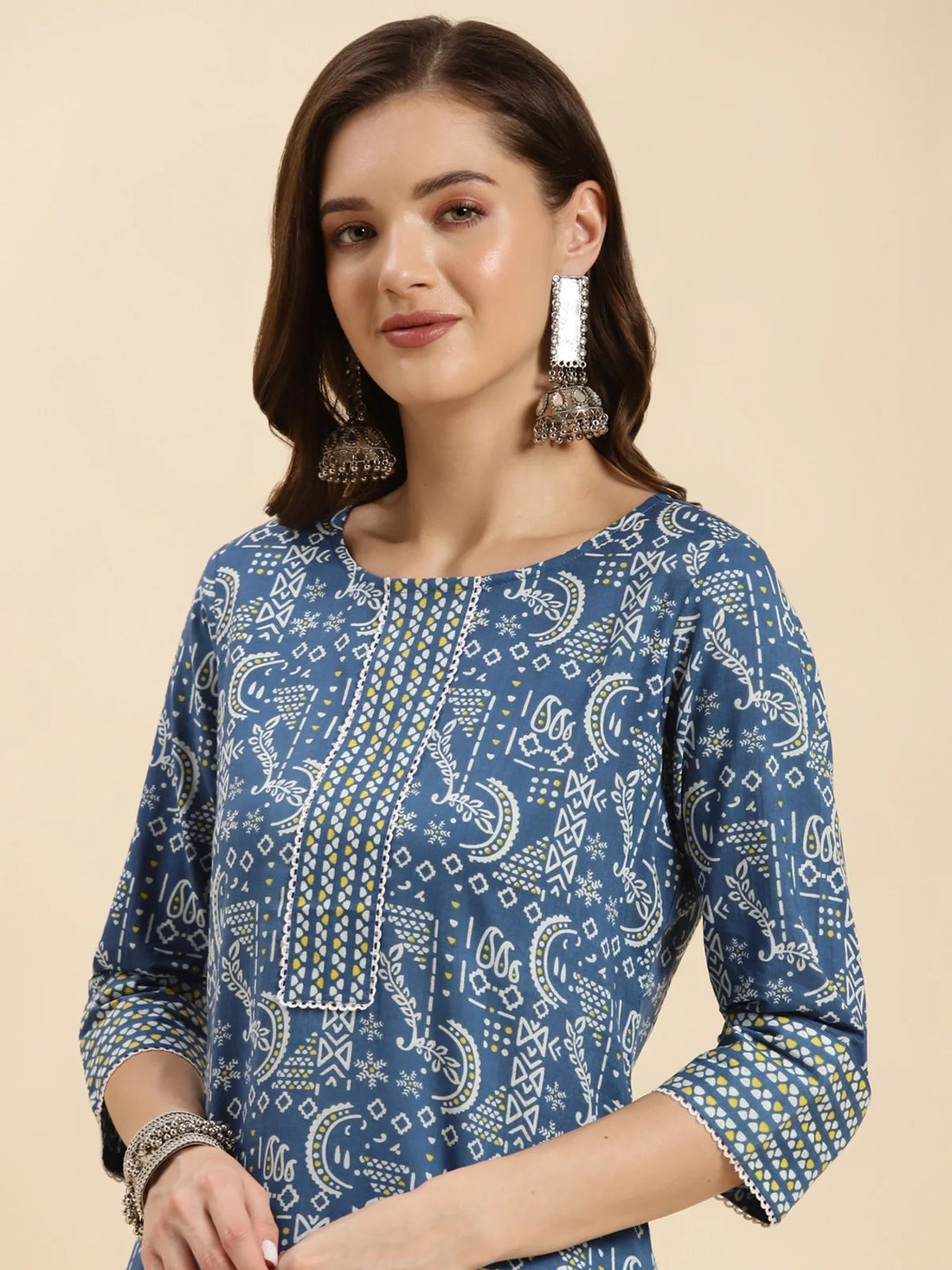 Buy Cotton Calf Length Ethnic Printed Straight Kurta With Pant-Navy Blue