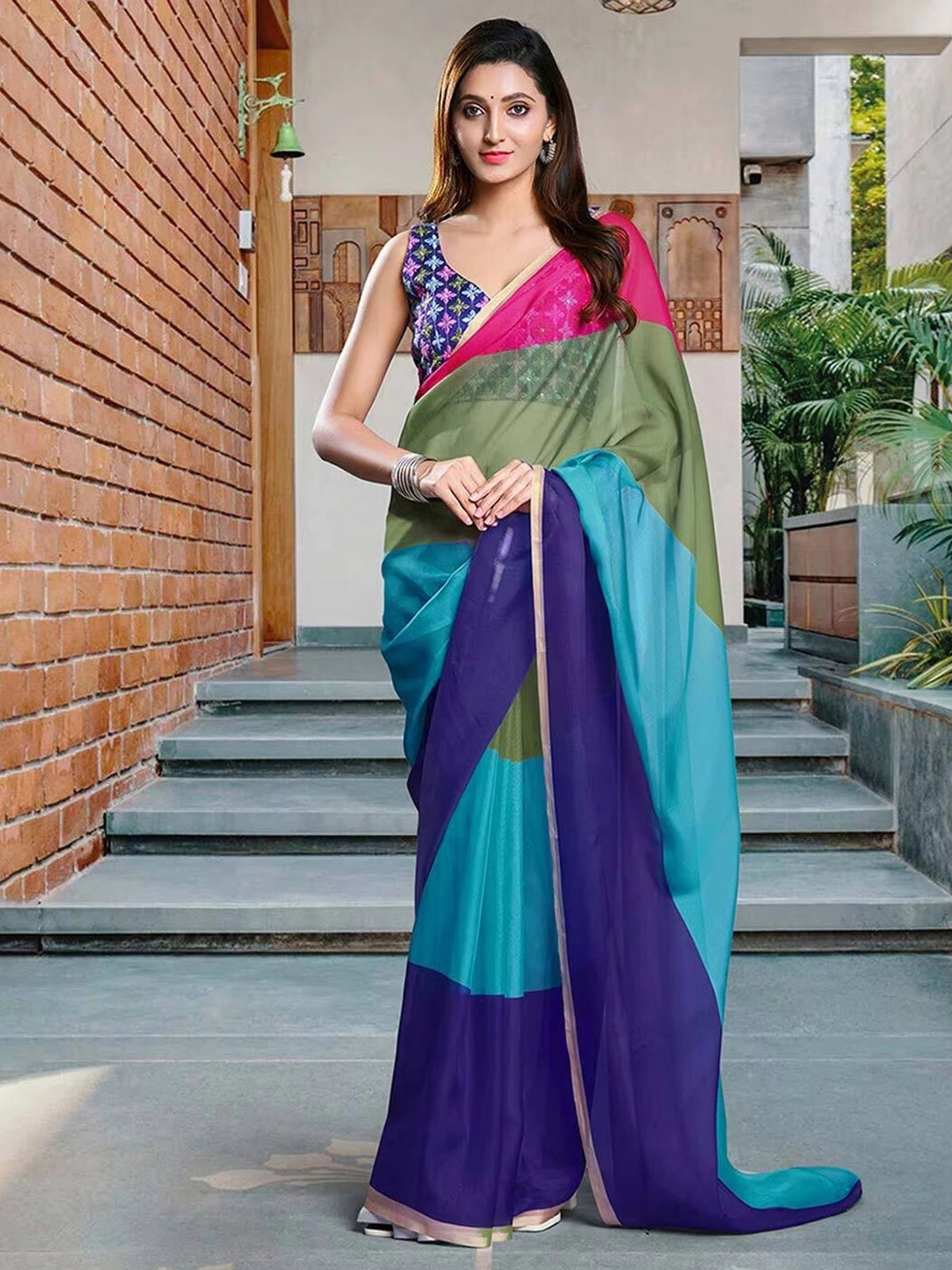 Buy Colorblock Georgette Saree With Blouse Piece-Multicolor