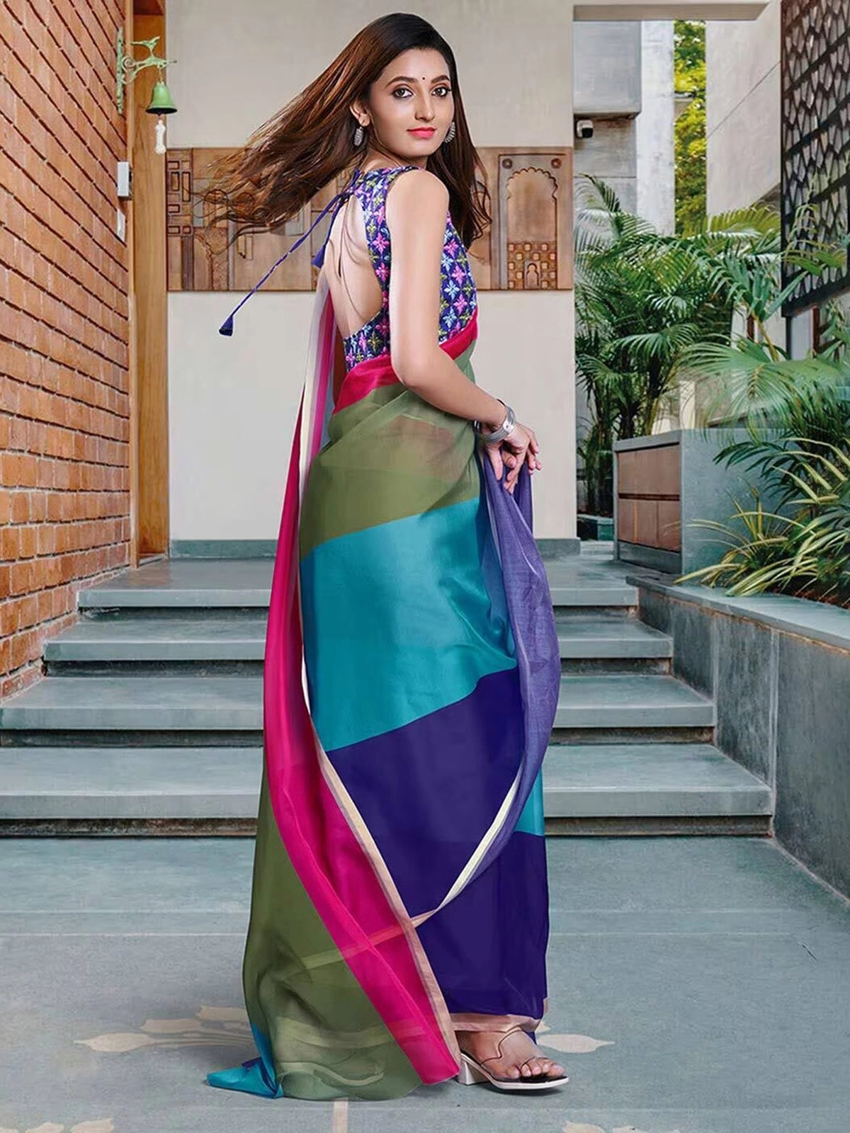 Buy Colorblock Georgette Saree With Blouse Piece-Multicolor