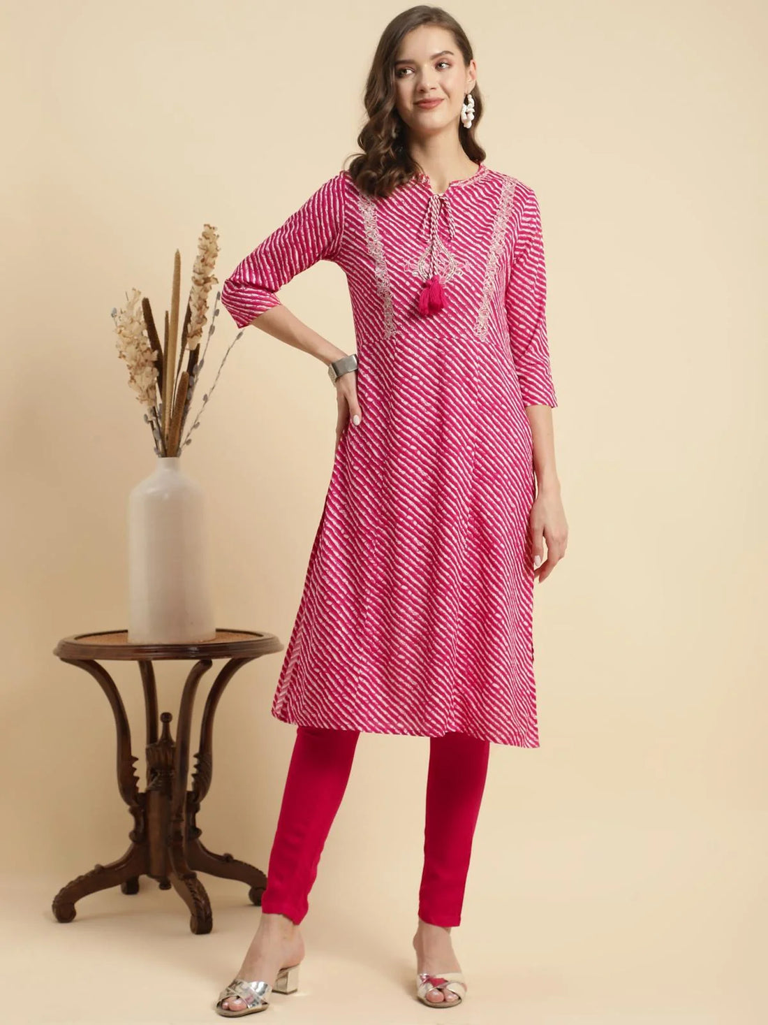 Buy Rayon Leheria Yoke Embroidered Knee Length Straight Kurta With Pant-Pink