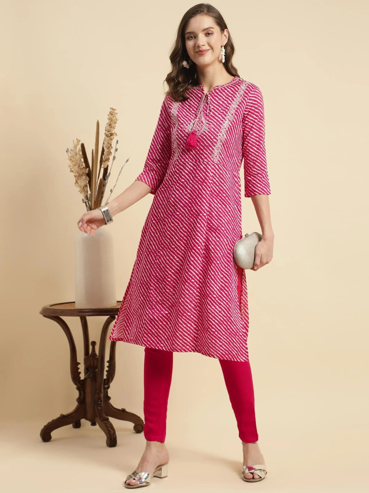 Buy Rayon Leheria Yoke Embroidered Knee Length Straight Kurta With Pant-Pink