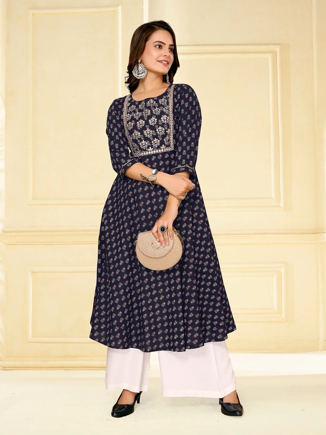 Buy Cotton Embroidered Calf Length Anarkali Kurta-Navy Blue