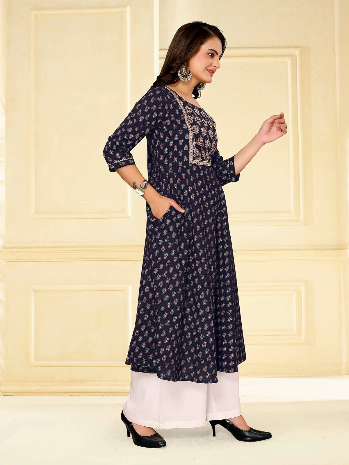 Buy Cotton Embroidered Calf Length Anarkali Kurta-Navy Blue