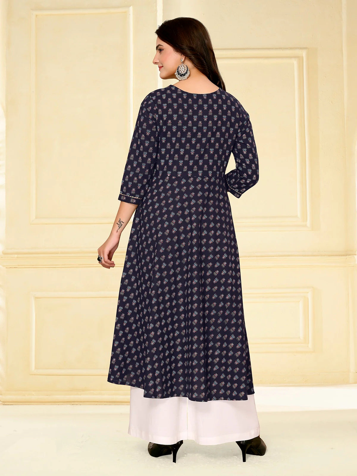 Buy Cotton Embroidered Calf Length Anarkali Kurta-Navy Blue