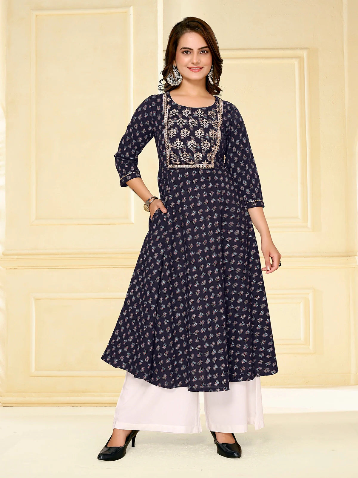 Buy Cotton Embroidered Calf Length Anarkali Kurta-Navy Blue