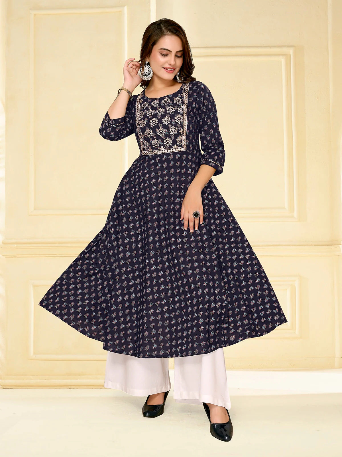 Buy Cotton Embroidered Calf Length Anarkali Kurta-Navy Blue