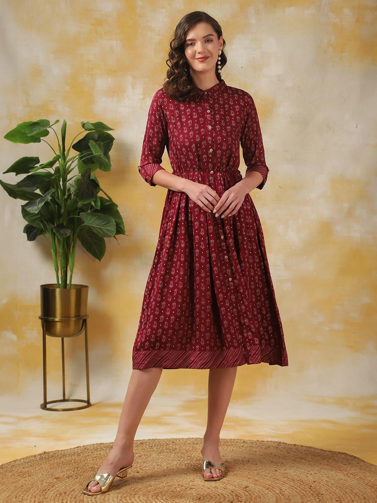 Buy Rayon Printed Shirt Dress Calf Length Ethnic Dress-Maroon