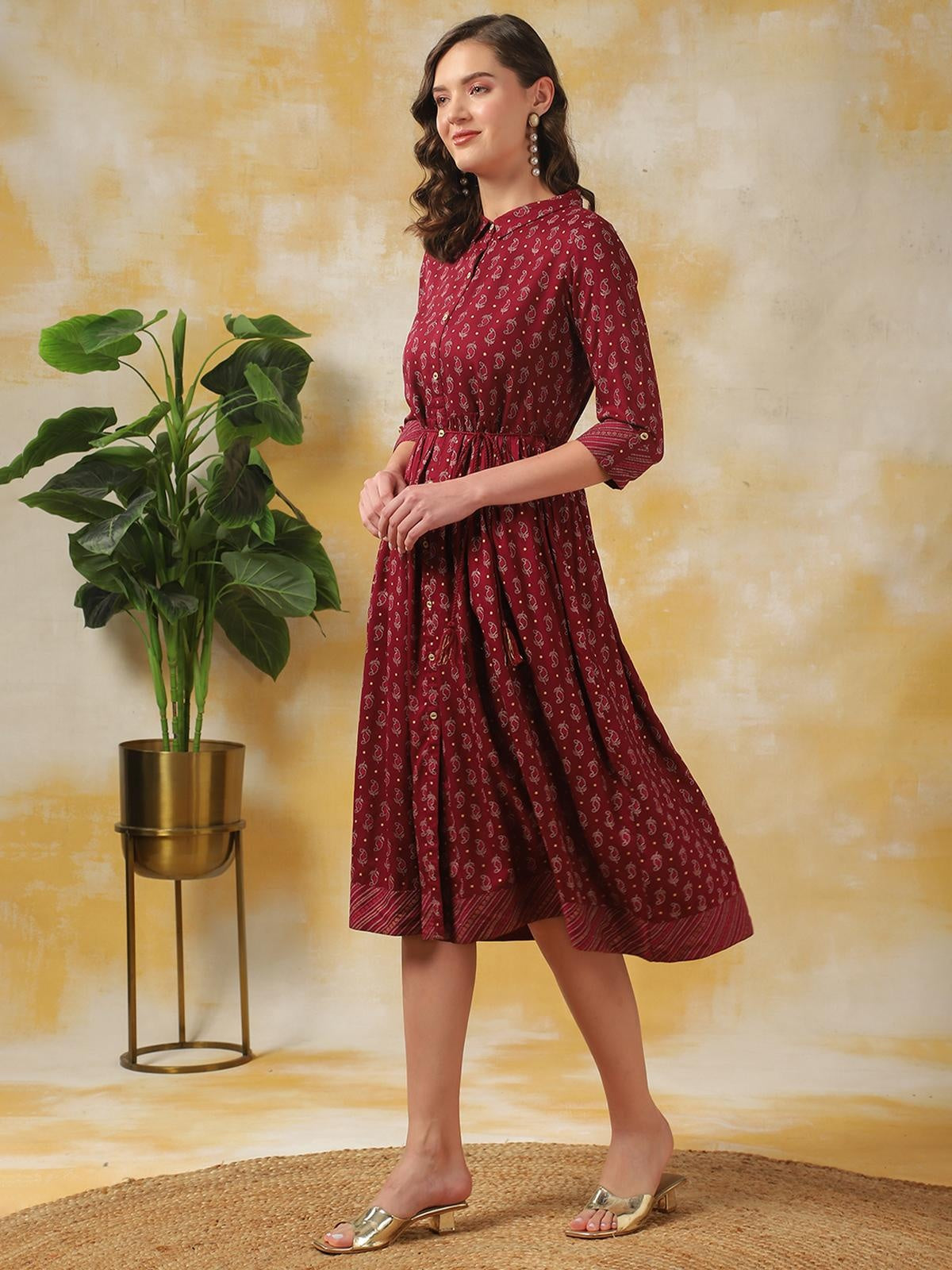 Buy Rayon Printed Shirt Dress Calf Length Ethnic Dress-Maroon