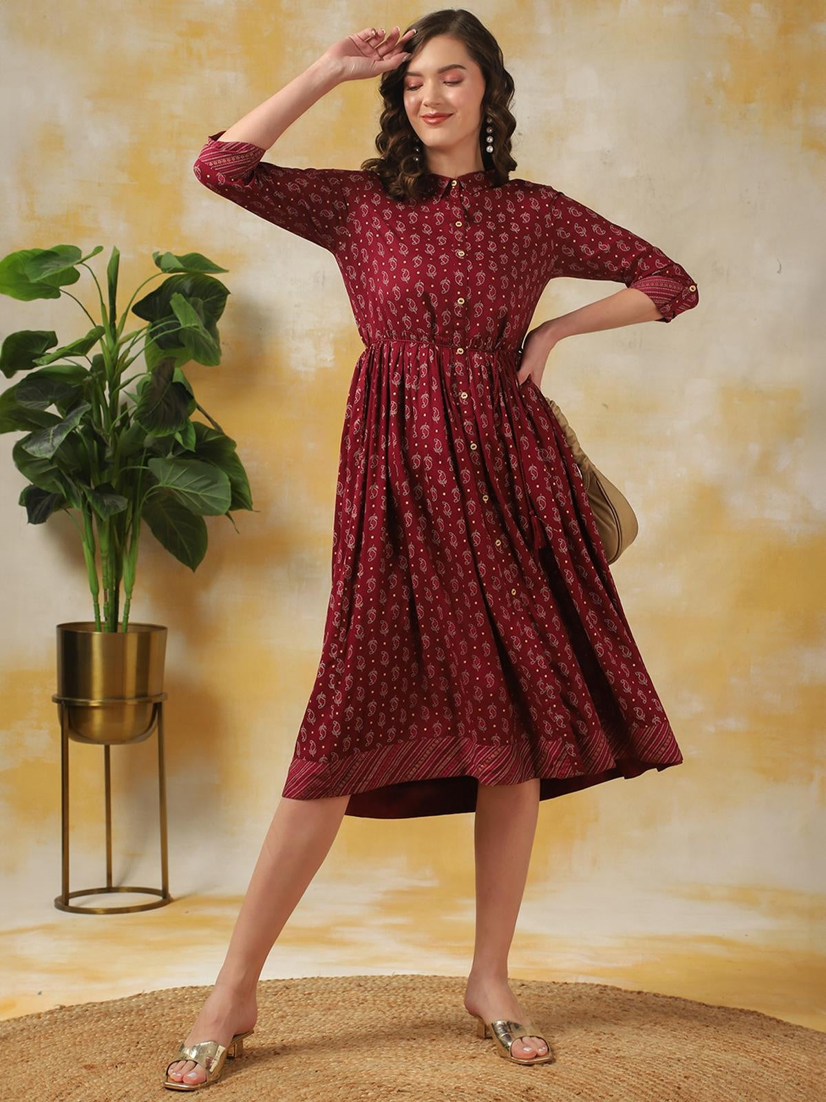 Buy Rayon Printed Shirt Dress Calf Length Ethnic Dress-Maroon