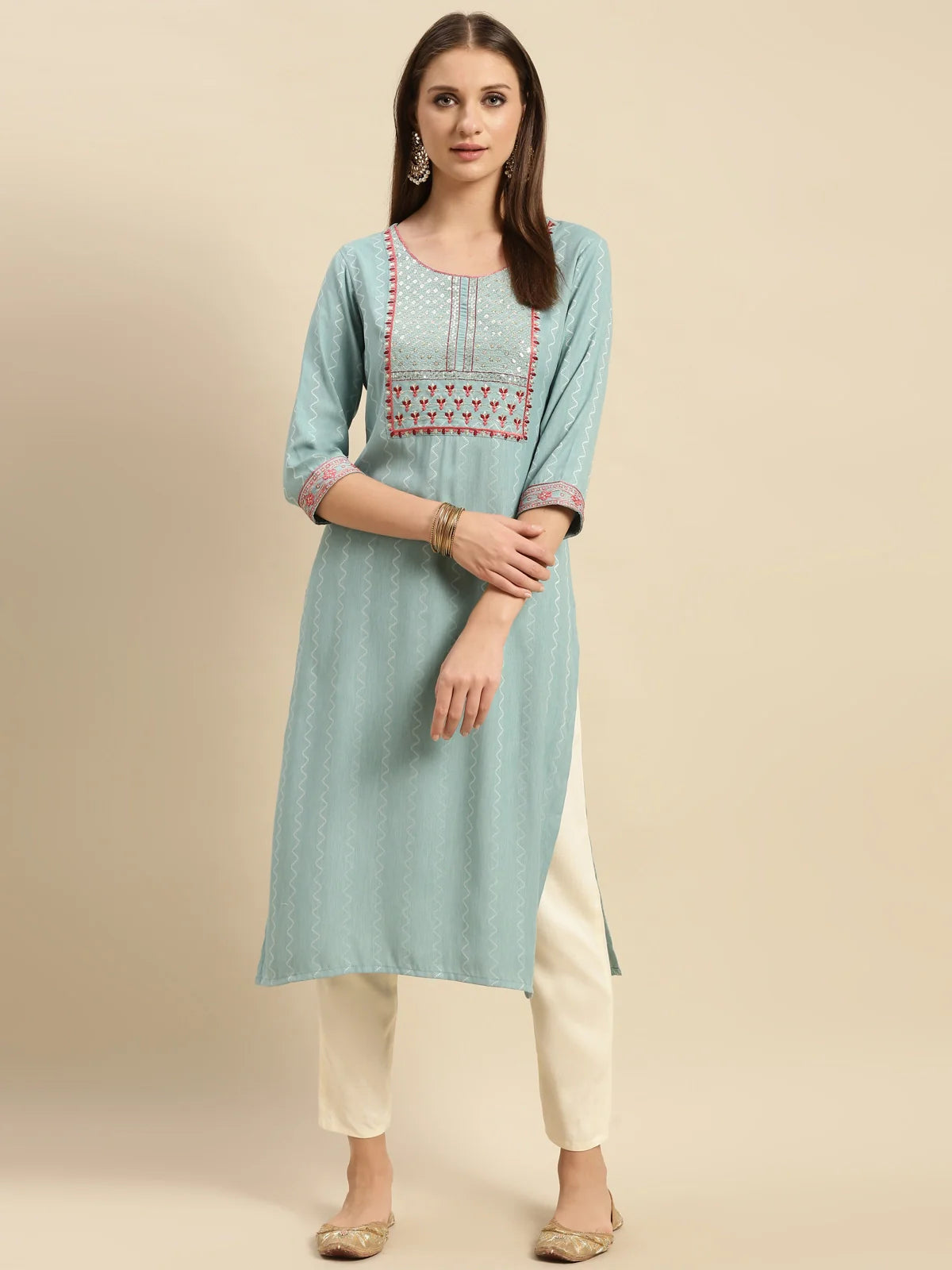 Buy Viscose Blend Yoke Embroidered Calf Length Partywear Straight Kurta-Teal