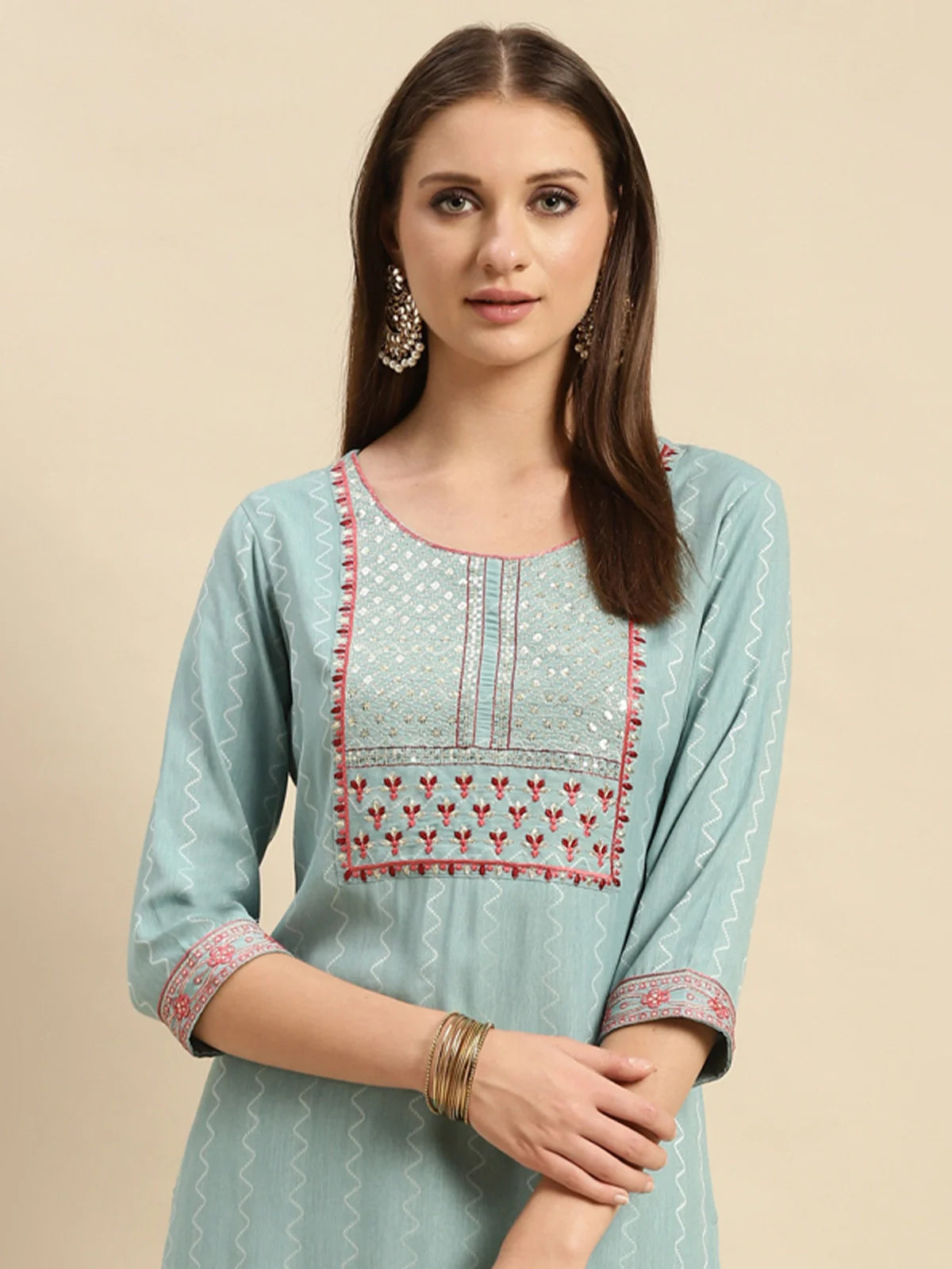 Buy Viscose Blend Yoke Embroidered Calf Length Partywear Straight Kurta-Teal