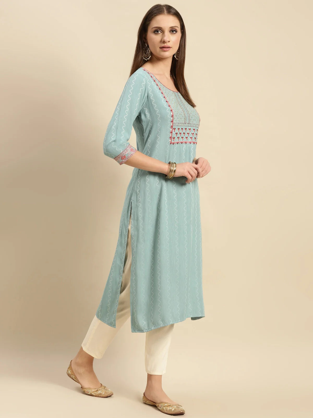 Buy Viscose Blend Yoke Embroidered Calf Length Partywear Straight Kurta-Teal