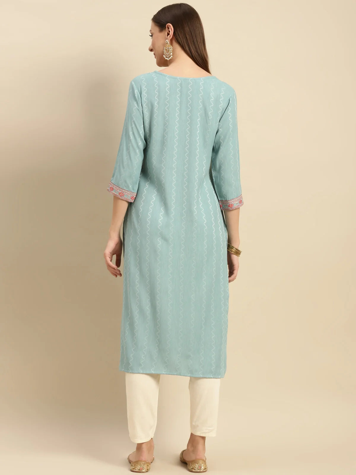 Buy Viscose Blend Yoke Embroidered Calf Length Partywear Straight Kurta-Teal