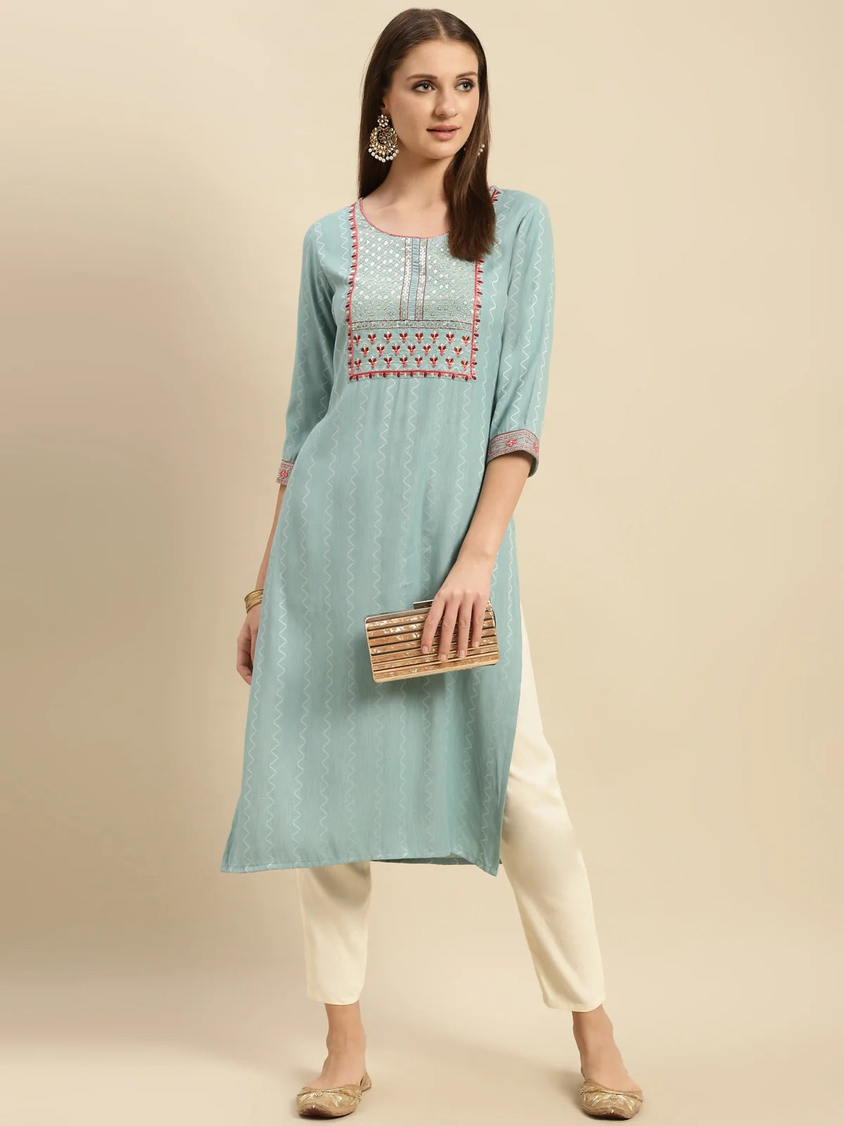 Buy Viscose Blend Yoke Embroidered Calf Length Partywear Straight Kurta-Teal