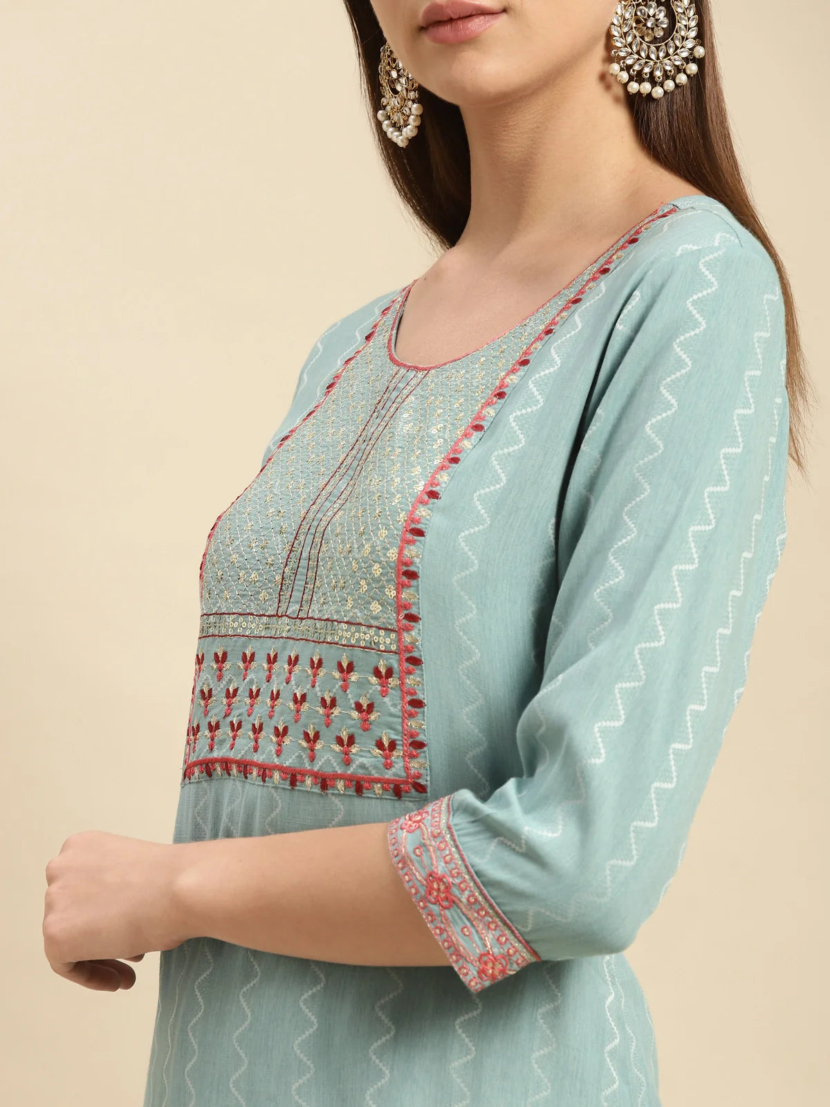 Buy Viscose Blend Yoke Embroidered Calf Length Partywear Straight Kurta-Teal