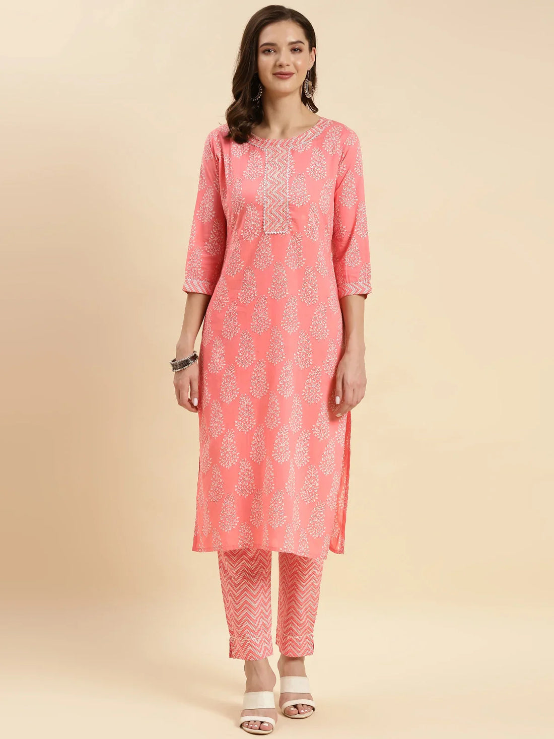 Buy Cotton Calf Length Ethnic Printed Straight Kurta With Pant-Peach