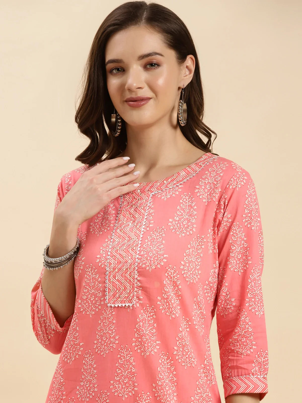 Buy Cotton Calf Length Ethnic Printed Straight Kurta With Pant-Peach