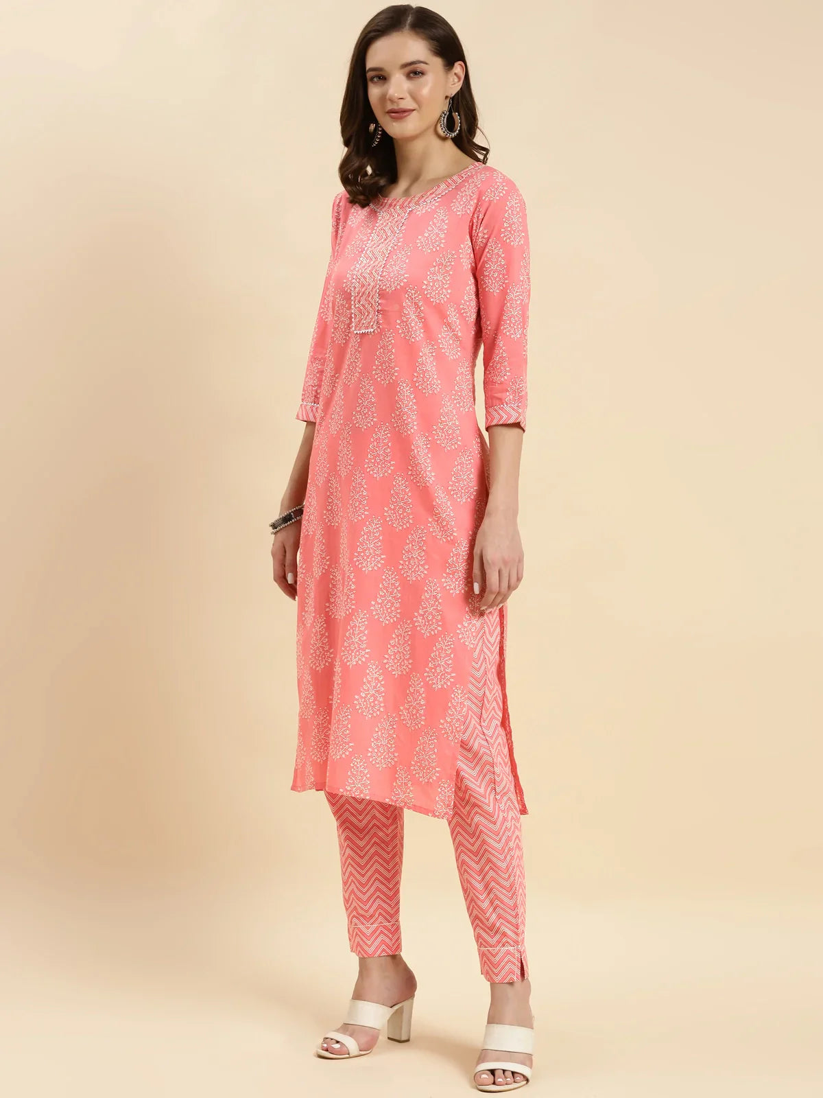 Buy Cotton Calf Length Ethnic Printed Straight Kurta With Pant-Peach