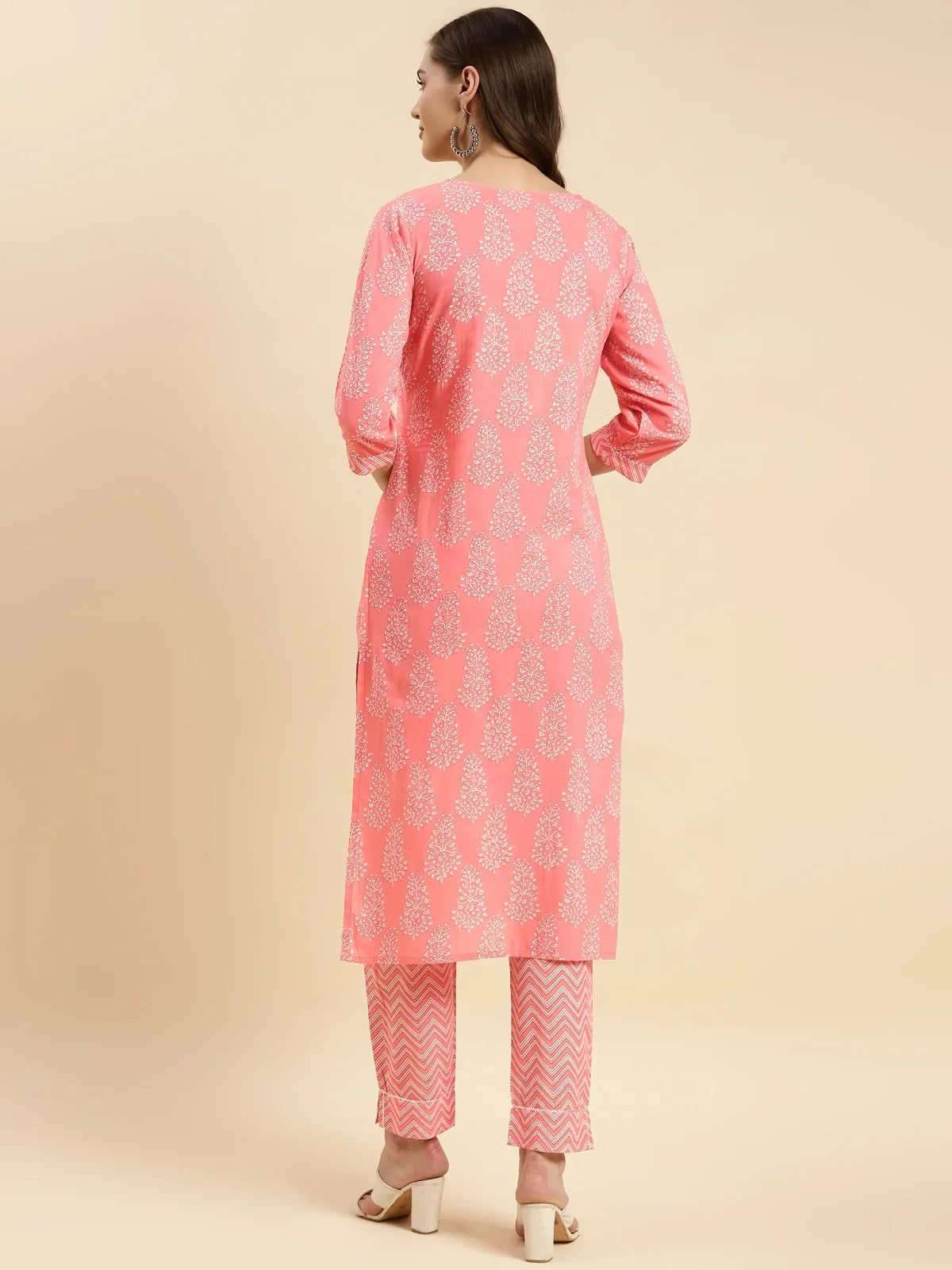 Buy Cotton Calf Length Ethnic Printed Straight Kurta With Pant-Peach