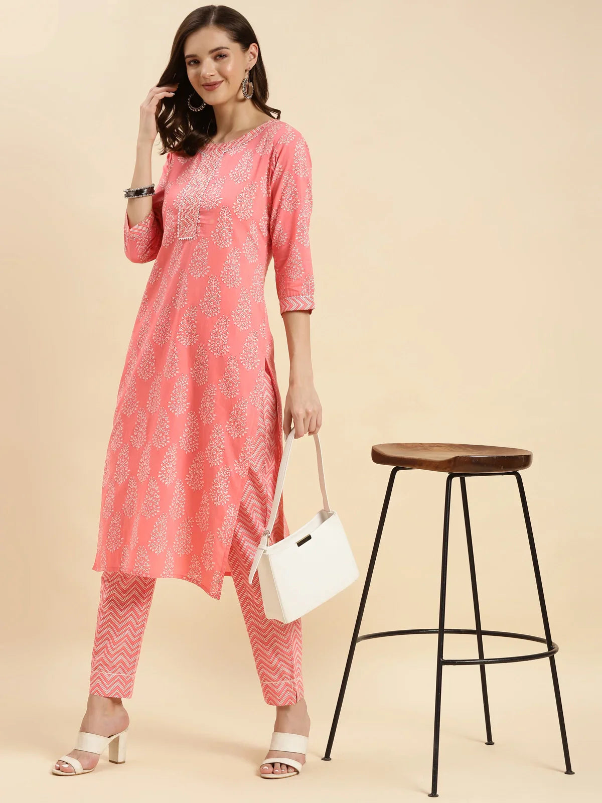 Buy Cotton Calf Length Ethnic Printed Straight Kurta With Pant-Peach