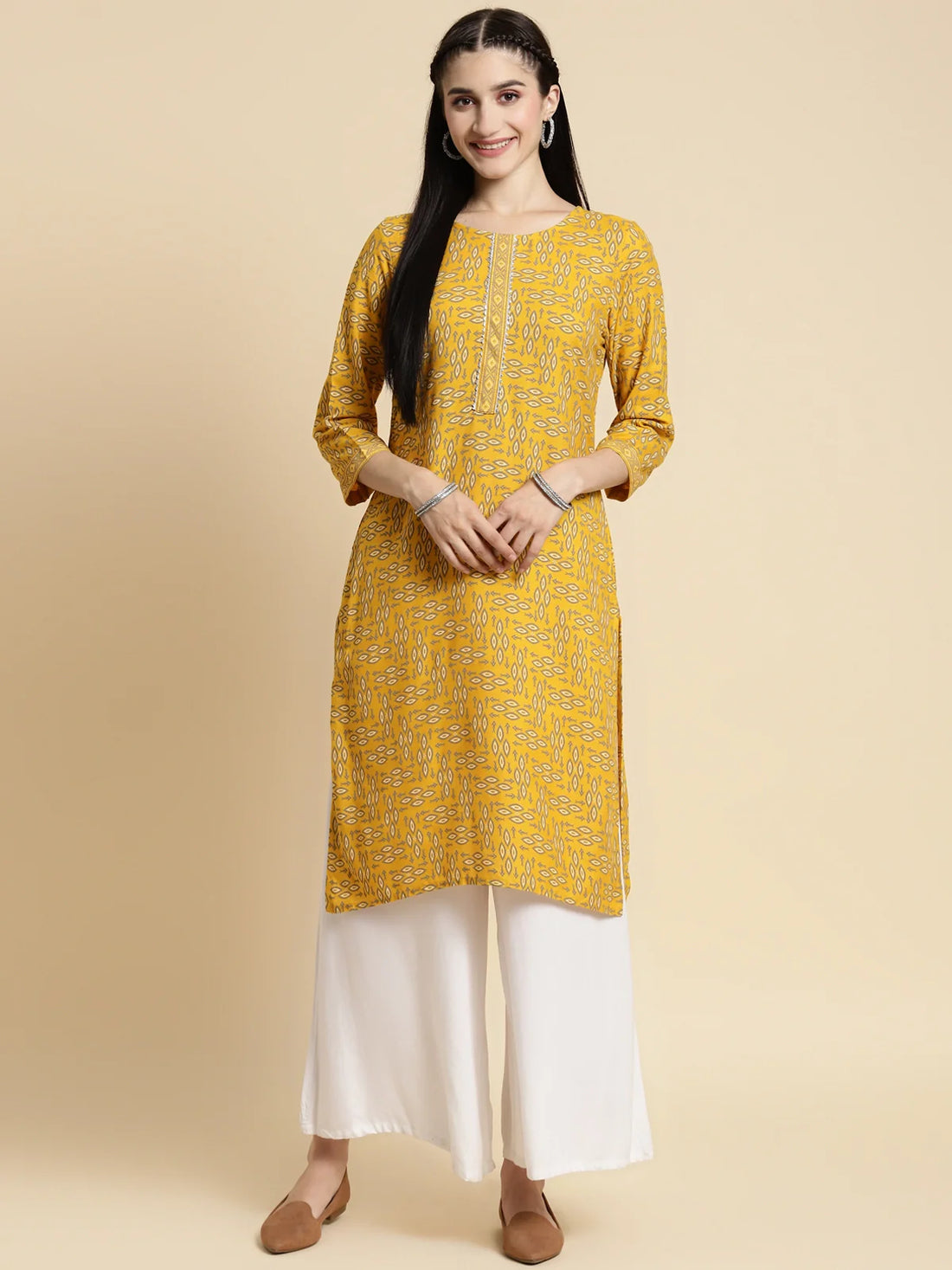 Buy Rayon Gota Lace At Yoke Knee Length Straight Kurta-Yellow