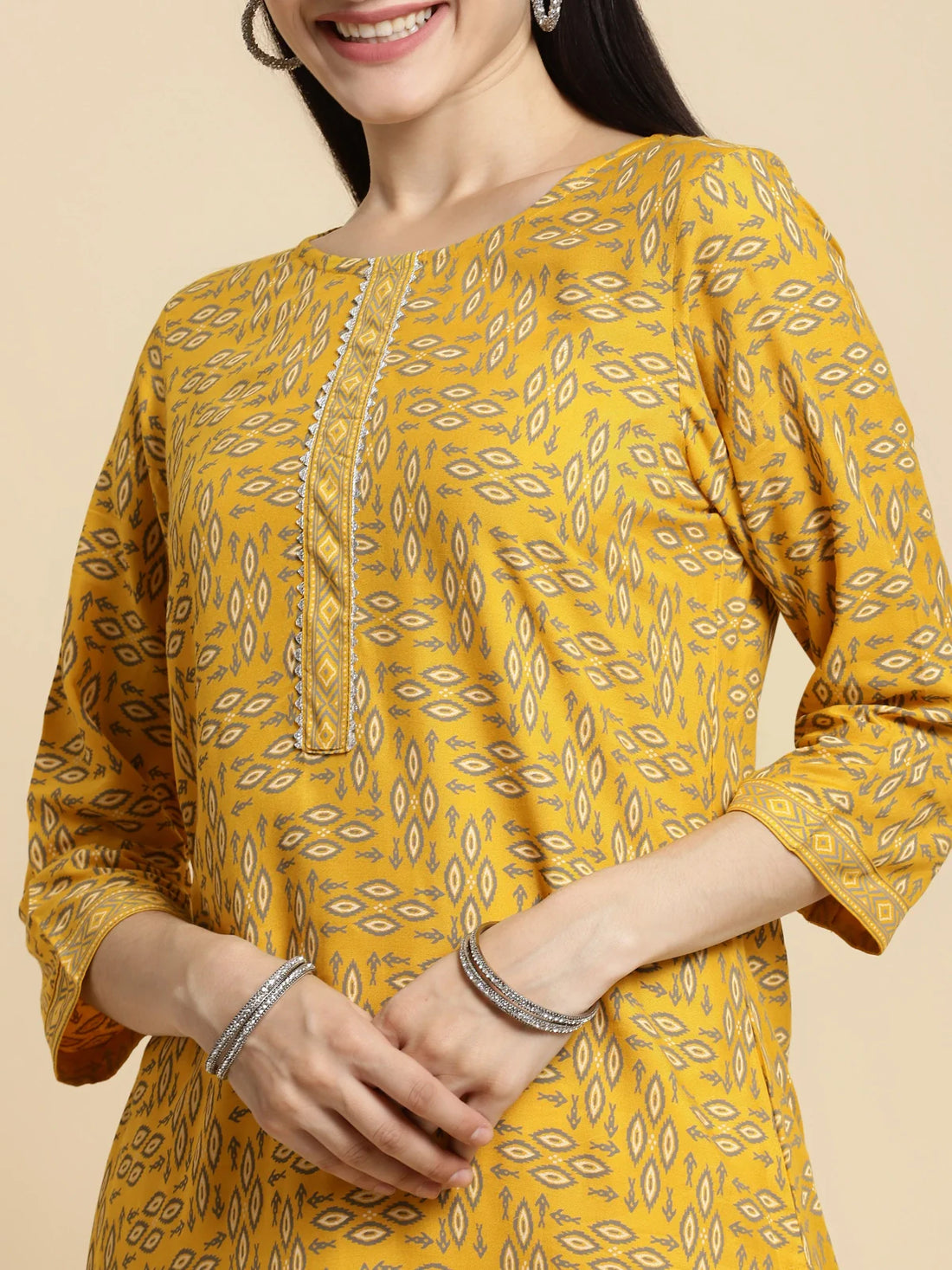 Buy Rayon Gota Lace At Yoke Knee Length Straight Kurta-Yellow