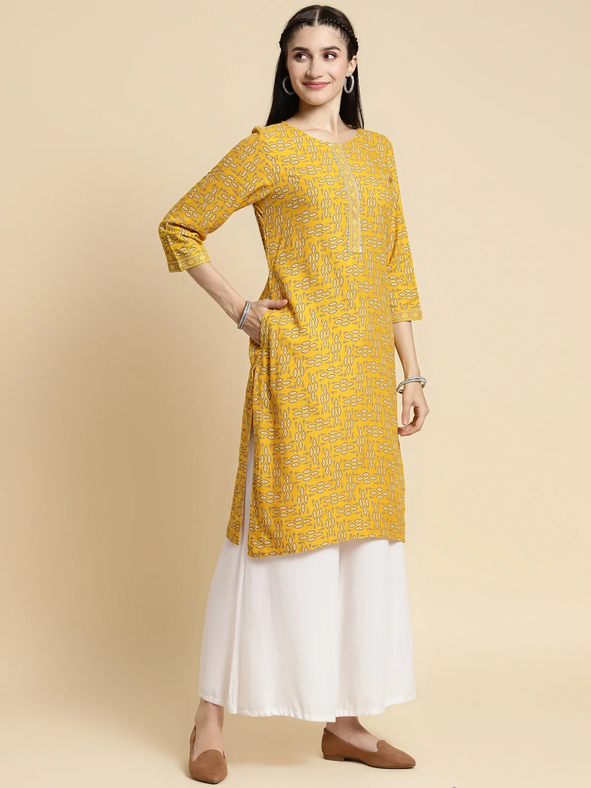 Buy Rayon Gota Lace At Yoke Knee Length Straight Kurta-Yellow